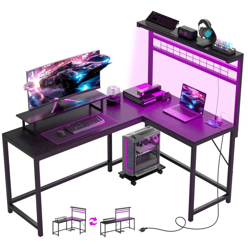 Alt View 5. Anysun - 61.6" L Shaped Gaming Desk with Power Outlets & LED Lights, Monitor Stand & CPU Shelf for Gaming or Home Office - Black.