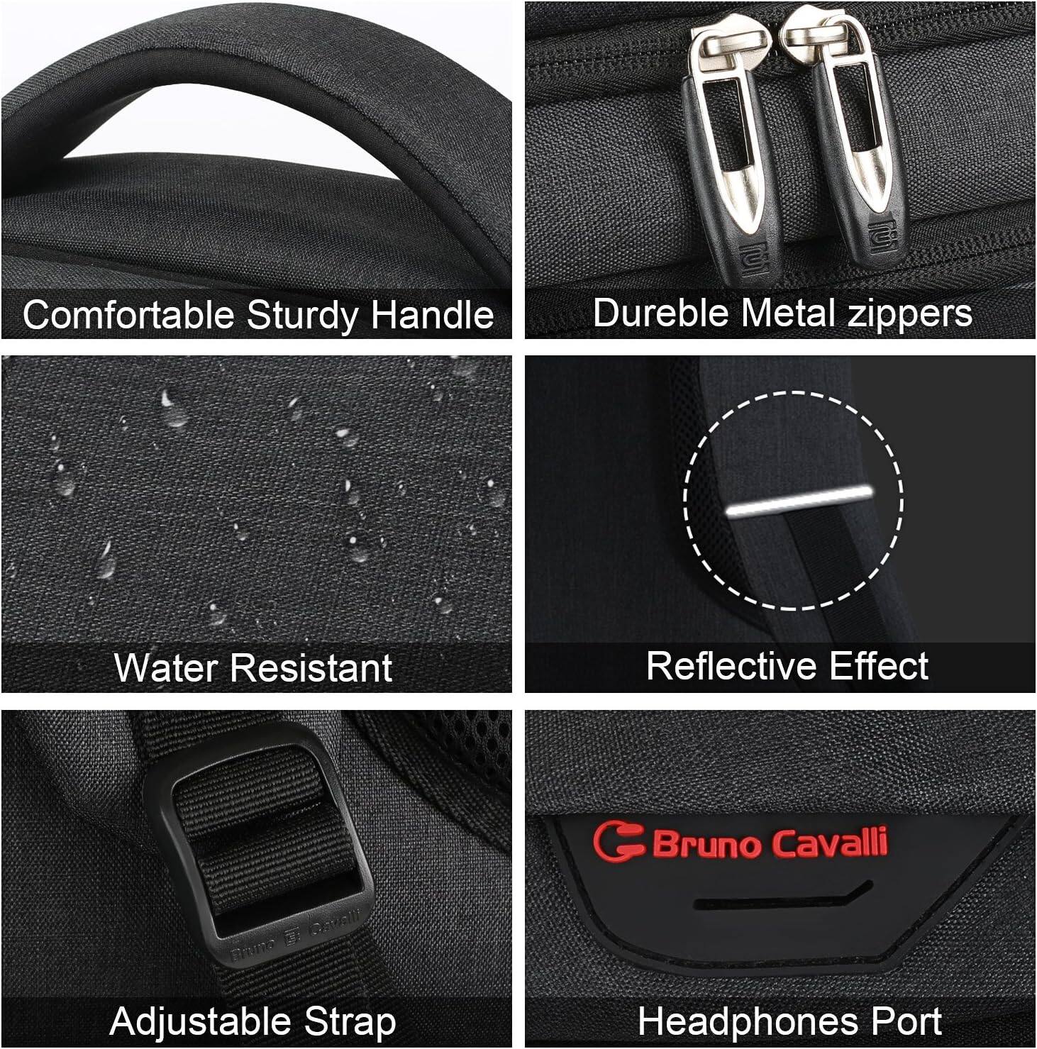 Comfortable Sturdy Handle  
Durable Metal zippers  
Water Resistant  
Reflective Effect  
Adjustable Strap  
Headphones Port  
Bruno Cavalli