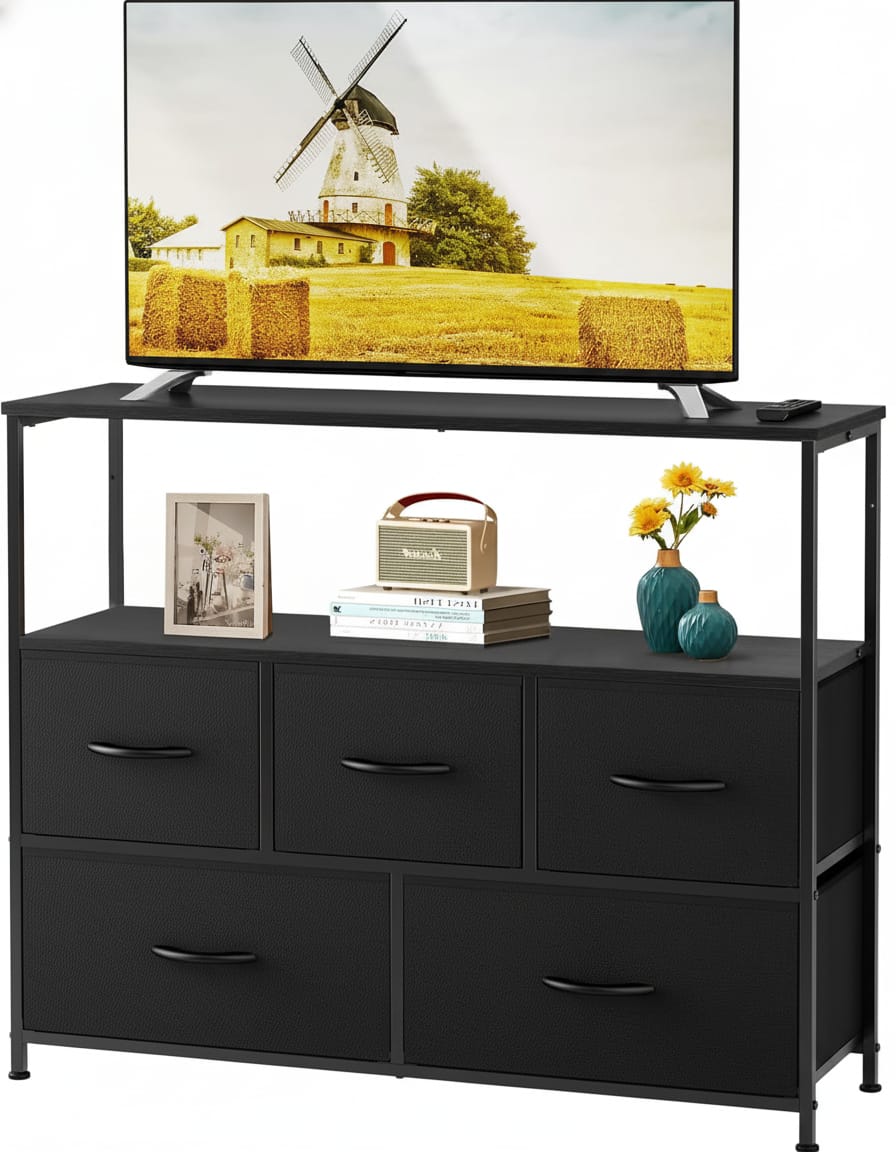 AOITUN - 5-Drawer Fabric Dresser, 39.4" TV Stand with Charging Station, Narrow Storage Chest for Bedroom Media Center - Black