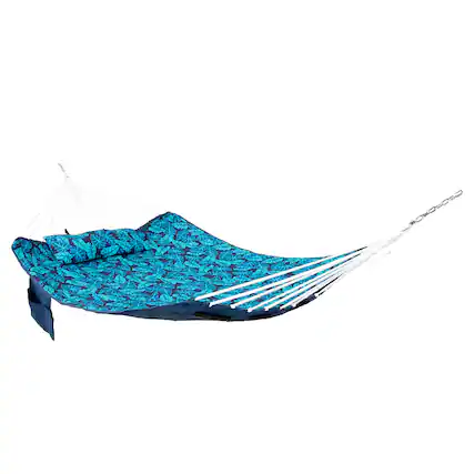 Front. Sunnydaze - Metal Spreader Bar Hammock with Pillow - Tropical Palms.