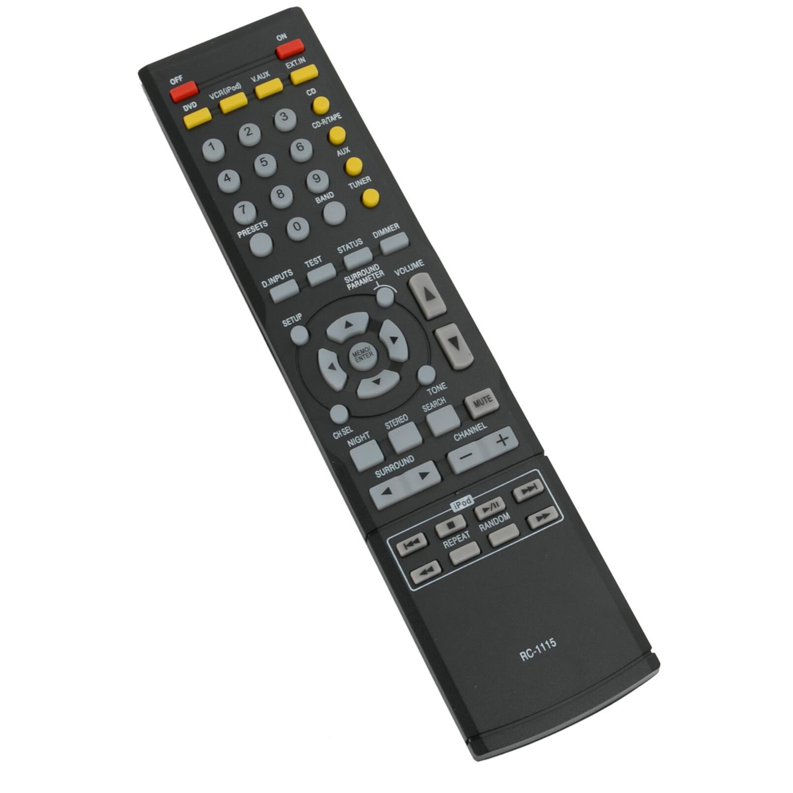 Sure, here is the corrected and grouped text from the image:

**Top Section:**
- ON
- OFF
- EXT.IN
- VCR/PHONO
- VCR
- CD
- DVD
- CD/DAT/TAPE
- AUX

**Middle Section:**
- 1
- 2
- 3
- 4
- 5
- 6
- 7
- 8
- 9
- 0
- BAND
- TUNER
- PRESETS
- DIMMER
- STATUS
- TEST
- VOLUME
- D.INPUTS
- PARAMETER
- SETUP
- MEMO
- TONE
- SEARCH
- MUTE
- STEREO
- CHSEL
- NIGHT
- CHANNEL
- SURROUND

**Bottom Section:**
- iPed
- RANDOM
- REPEAT
- RC-1115

**Directional Pad:**
- (Up, Down, Left, Right, Center)

**Playback Controls:**
- PLAY
- PAUSE
- STOP
- REWIND
- FAST FORWARD

**Additional Controls:**
- CHG
- ALL
- IPGD
