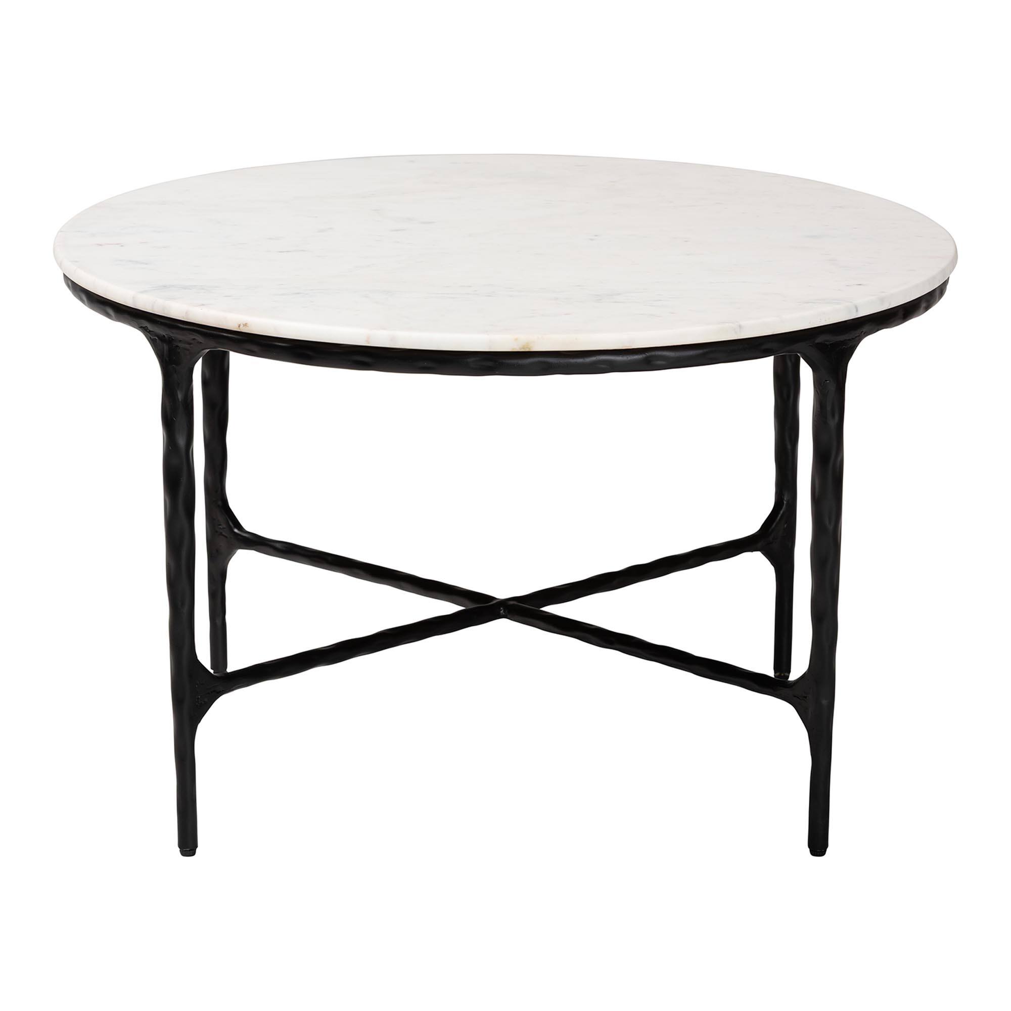 Angle. Baxton Studio - Akanji Marble Coffee Table - Modern Rustic Accent Table with Hand-Forged Metal Frame, Round - Marble White/Black.