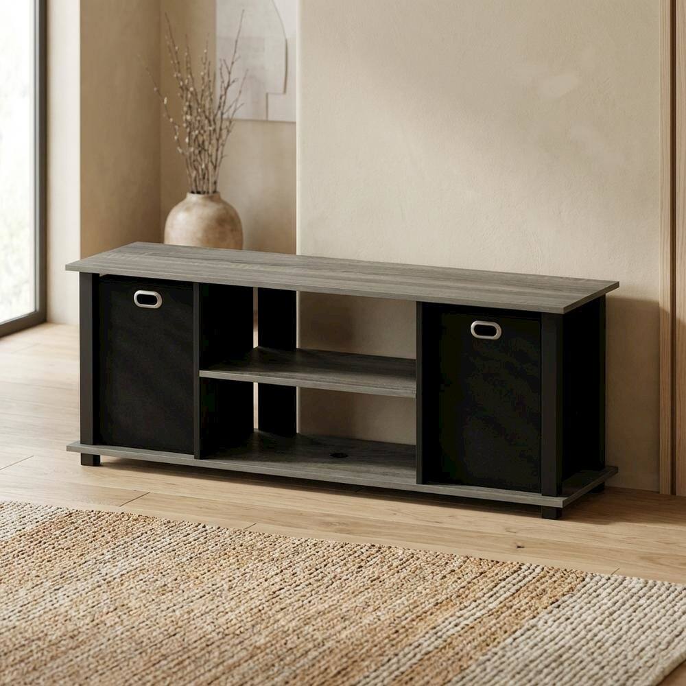 Left. FurniFact - Wood Entertainment Center with Storage Bins in French Oak and Black Finish - French Oak Grey/Black/Black.