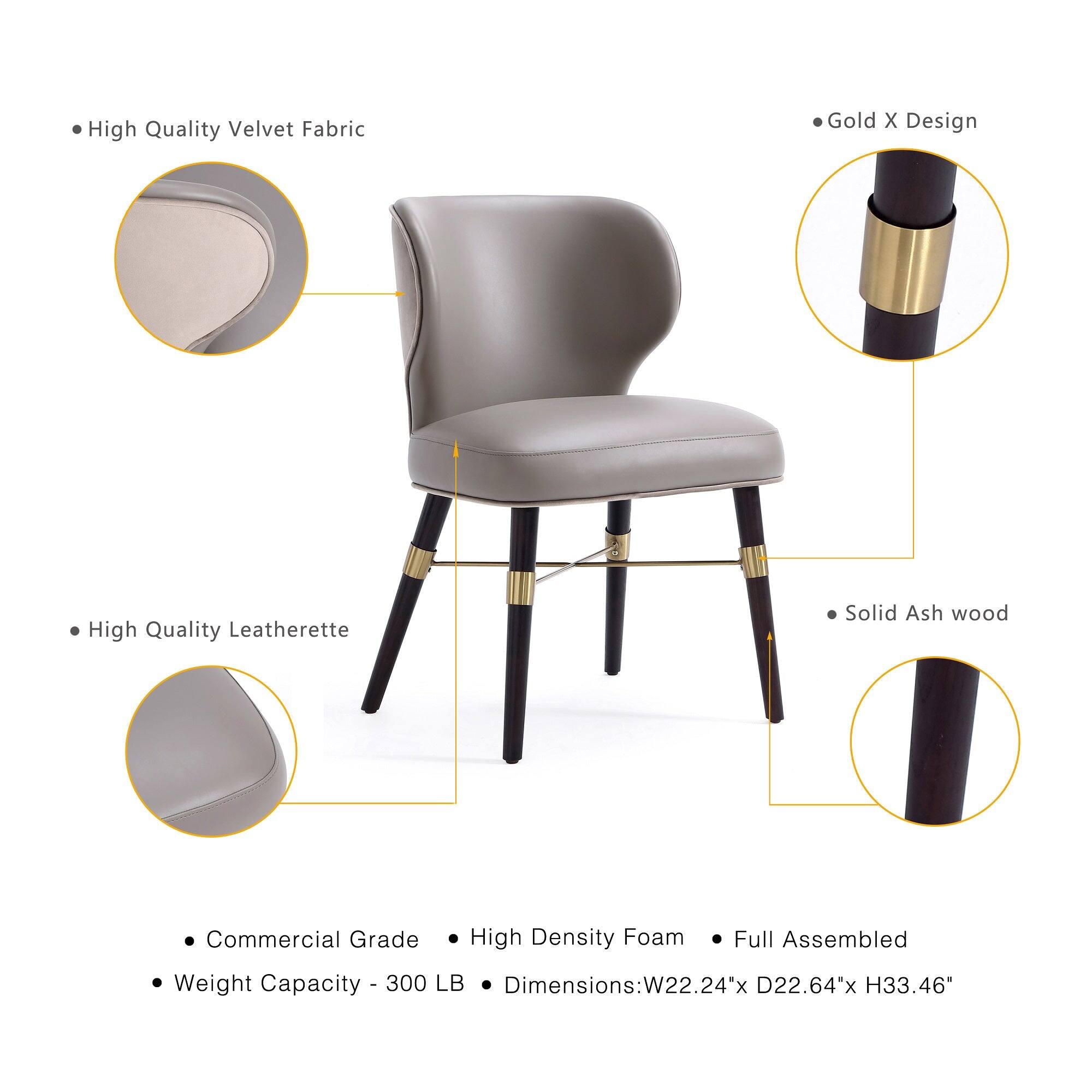 High Quality Velvet Fabric  
Gold X Design  
High Quality Leatherette  
Solid Ash wood  
Commercial Grade  
High Density Foam  
Full Assembled  
Weight Capacity 300 LB  
Dimensions: W22.24" x D22.64" x H33.46"