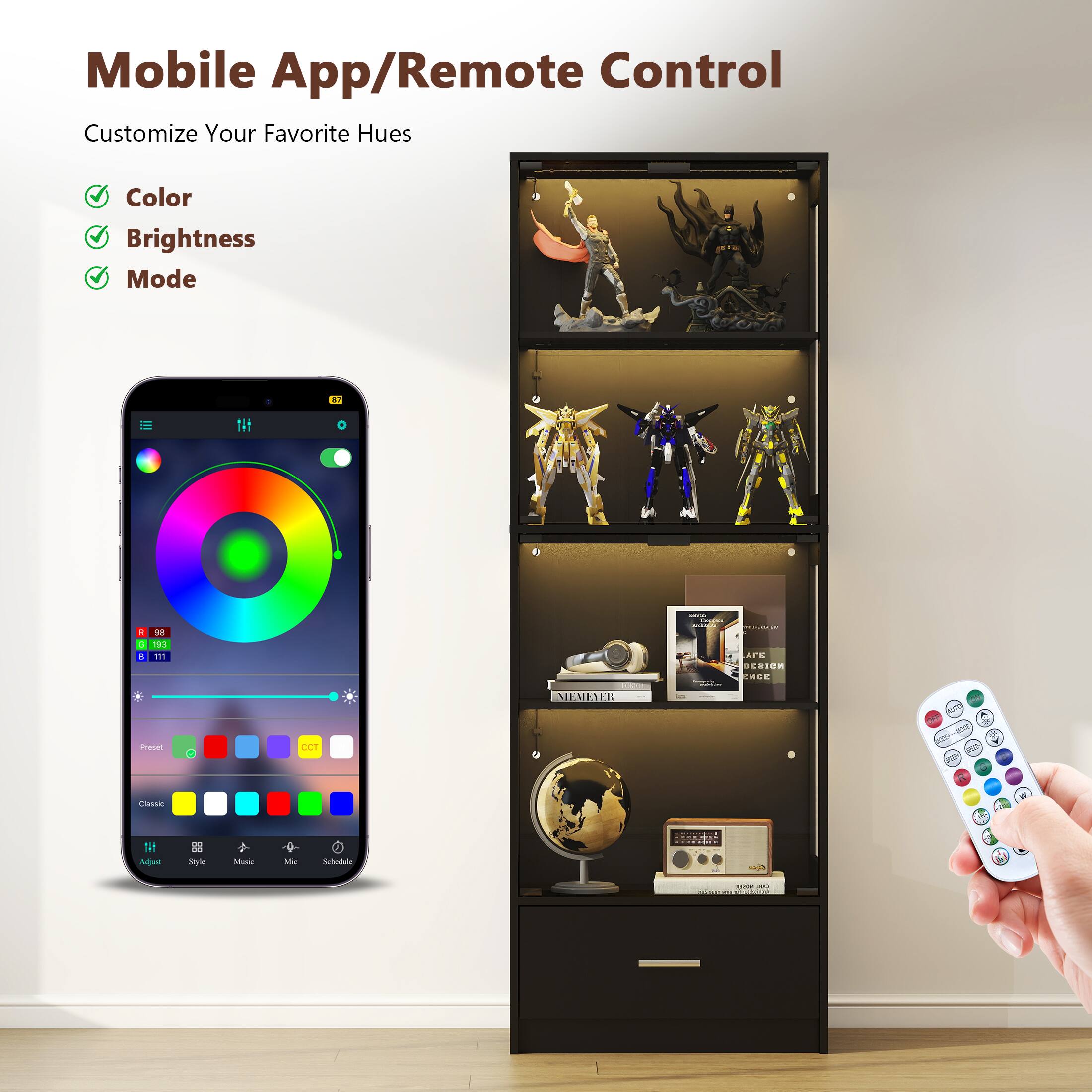 Mobile App/Remote Control

Customize Your Favorite Hues

- Color
- Brightness
- Mode

Preset
Classic

Adjust Style Music Mic Schedule