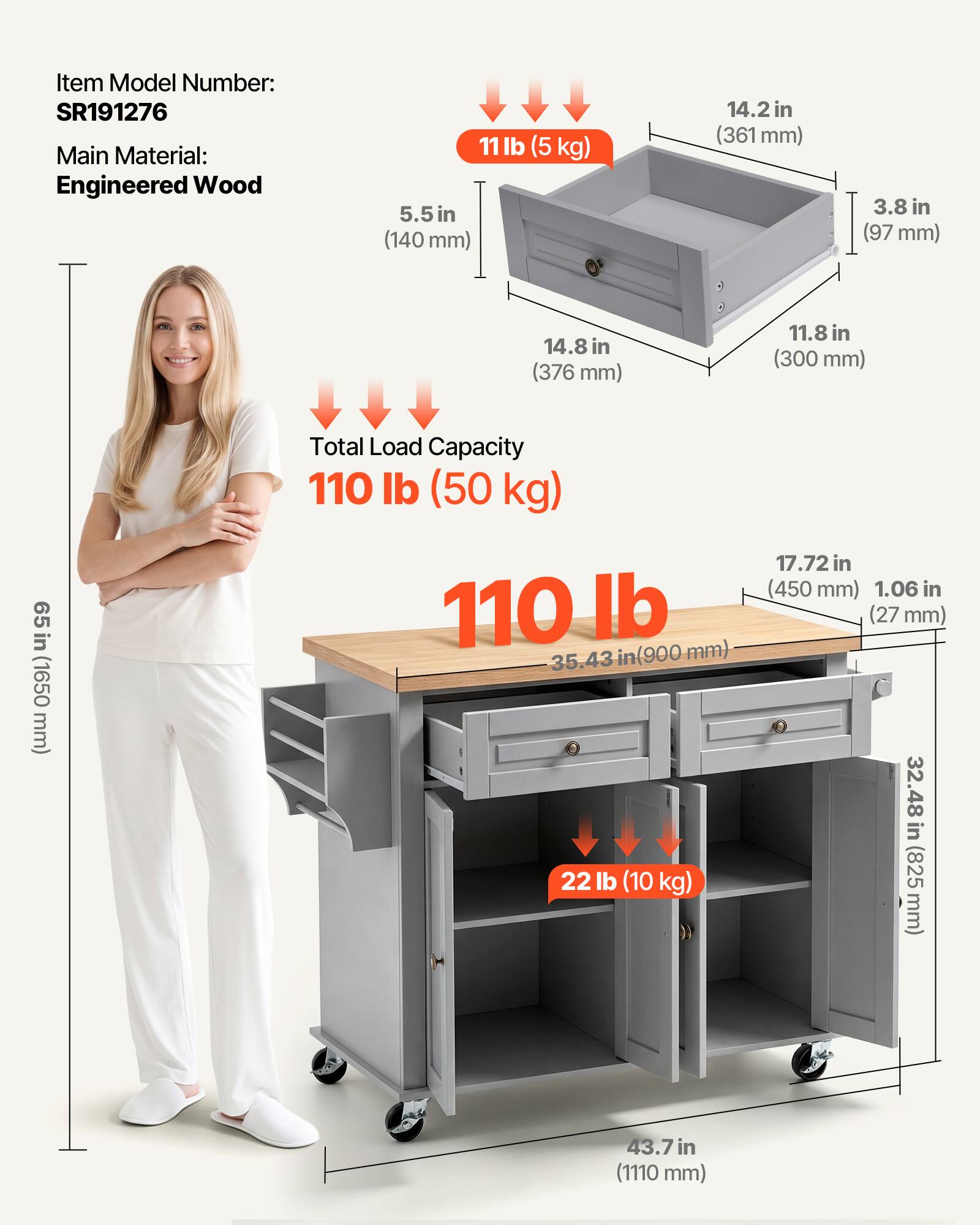 Item Model Number: SR191276  
Main Material: Engineered Wood  
Weight: 11 lb (5 kg)  
Dimensions:  
- 5.5 in (140 mm)  
- 14.2 in (361 mm)  
- 3.8 in (97 mm)  
- 14.8 in (376 mm)  
- 11.8 in (300 mm)  
- 65 in (1650 mm)  
Total Load Capacity: 110 lb (50 kg)  
- 35.43 in (900 mm)  
- 22 lb (10 kg)  
- 17.72 in (450 mm)  
- 1.06 in (27 mm)  
- 32.48 in (825 mm)  
- 43.7 in (1110 mm)