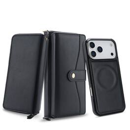 Dteck - RFID Leather Wallet Phone Case for Apple iPhone 18 Pro, Magnetic Detachable Card Holder Cover with Wrist Strap - Black