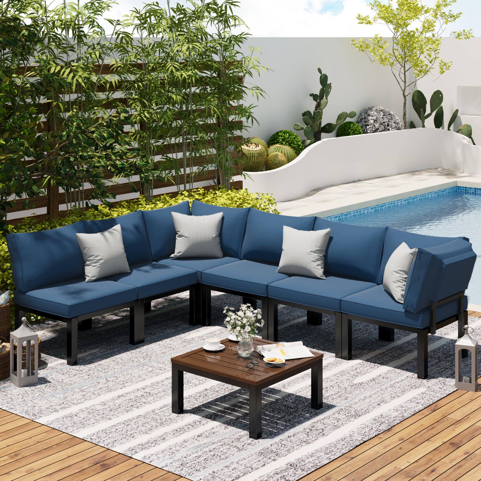 Left. Mondawe - 7-Piece Steel Patio Seating Set with Blue-Gray Cushions - Blue+Black.