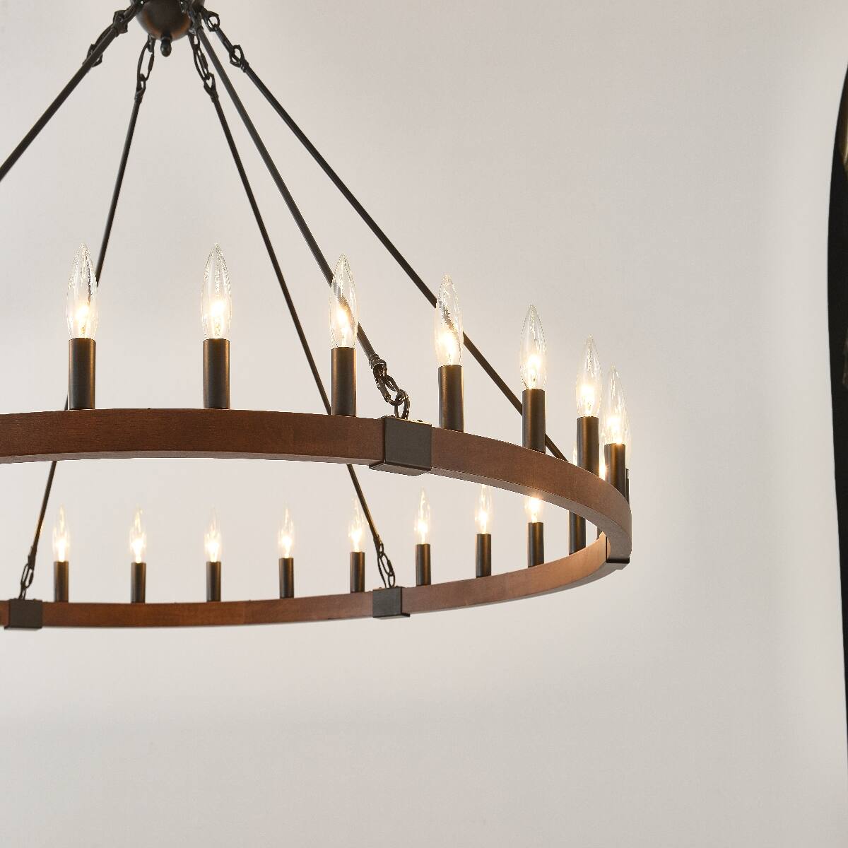 Back. Loheer - Loheer Wood Wagon Wheel Chandelier Matte Black Farmhouse Pendant Light for Dining Room.