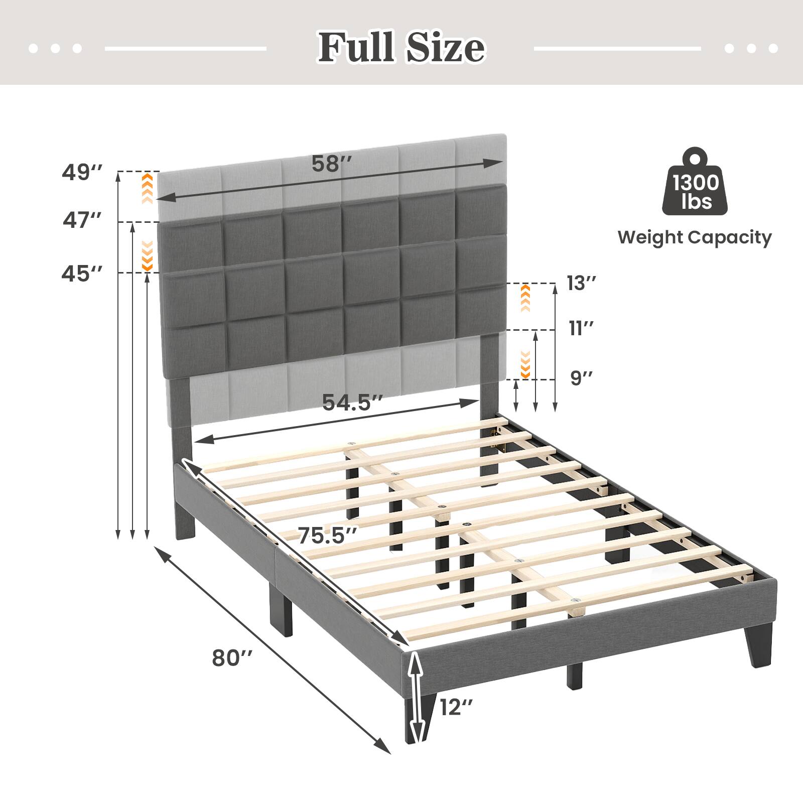 Full Size, 49", 47", 45", 58", 1300 Ibs Weight Capacity, 13", 54.5", 11", 9", 75.5", 80", 12"