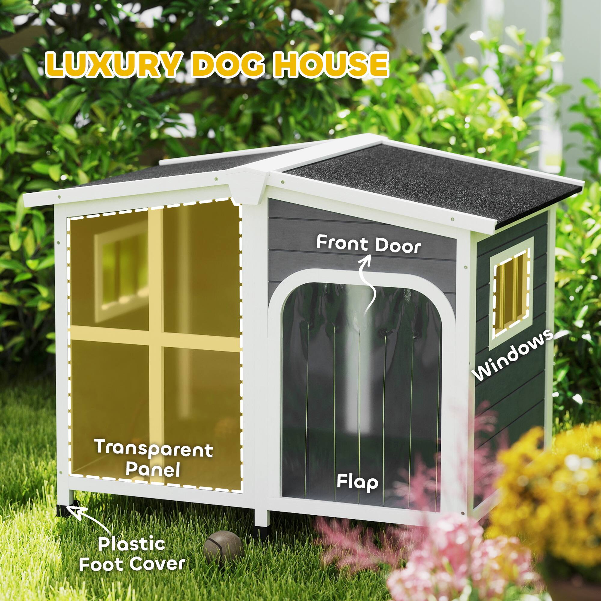 LUXURY DOG HOUSE

- Front Door
- Transparent Panel
- Flap
- Windows
- Plastic Foot Cover