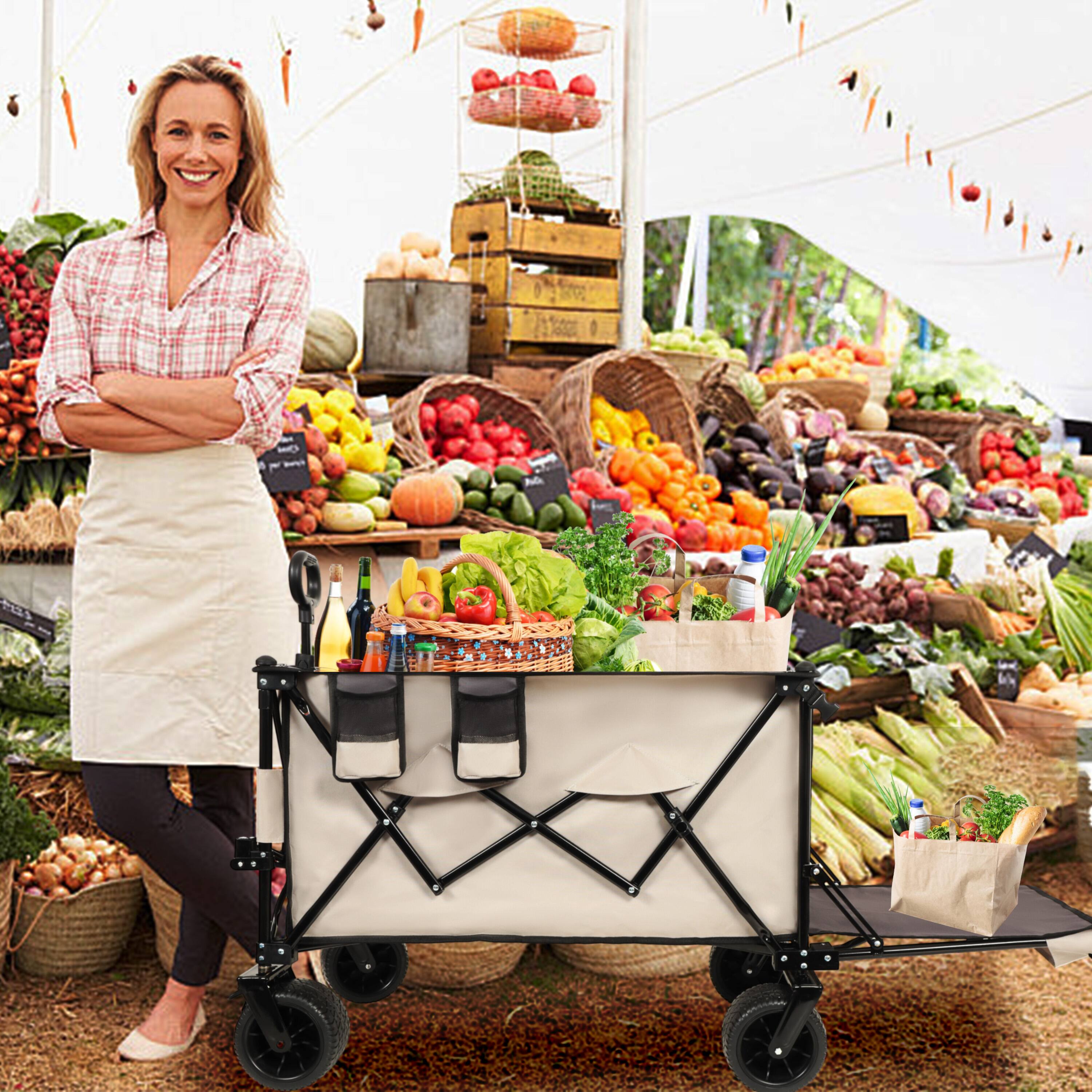 Alt View 1. APRILSOUL - Foldable Wagon with Extended Tailgate Long Extender Wagon Cart 480LBS with Large All-Terrain Beach Wheels khaki Gray - Gray+ khaki.