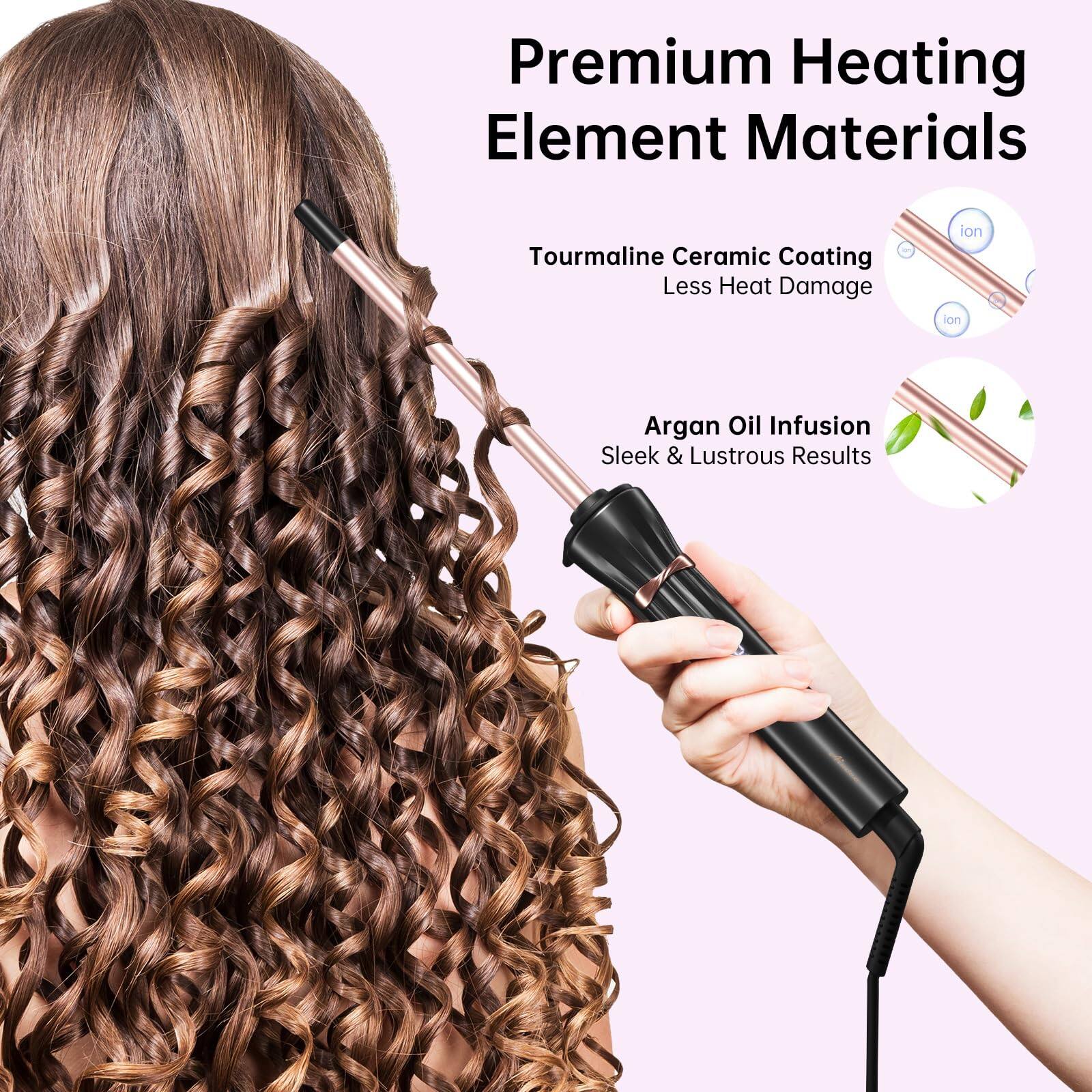 Premium Heating Element Materials

Tourmaline Ceramic Coating  
Less Heat Damage

Argan Oil Infusion  
Sleek & Lustrous Results