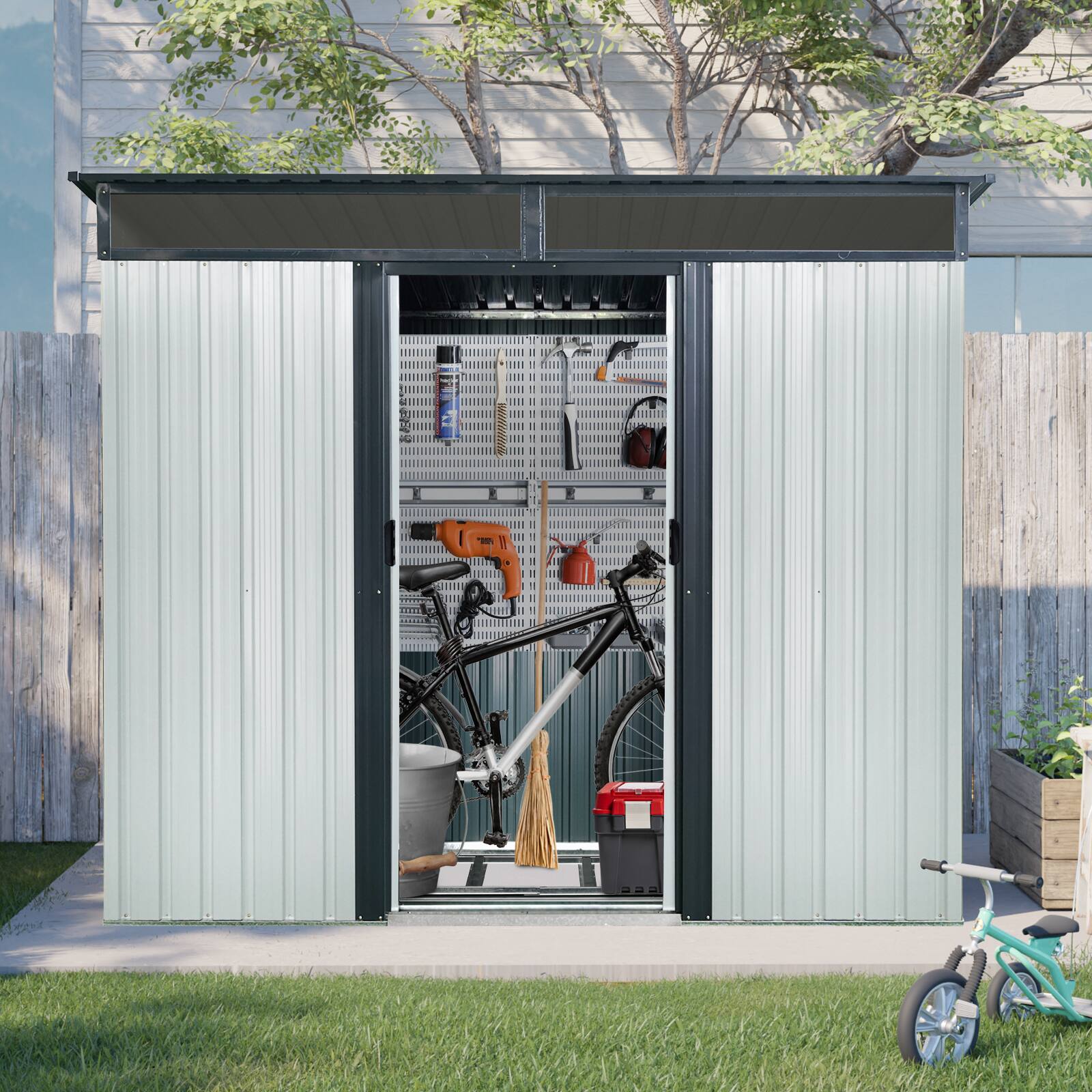 Angle. Loheer - Loheer 8x6 Outdoor Metal Storage Shed with Window Heavy Duty Backyard Garden Tool Shed White and Black.