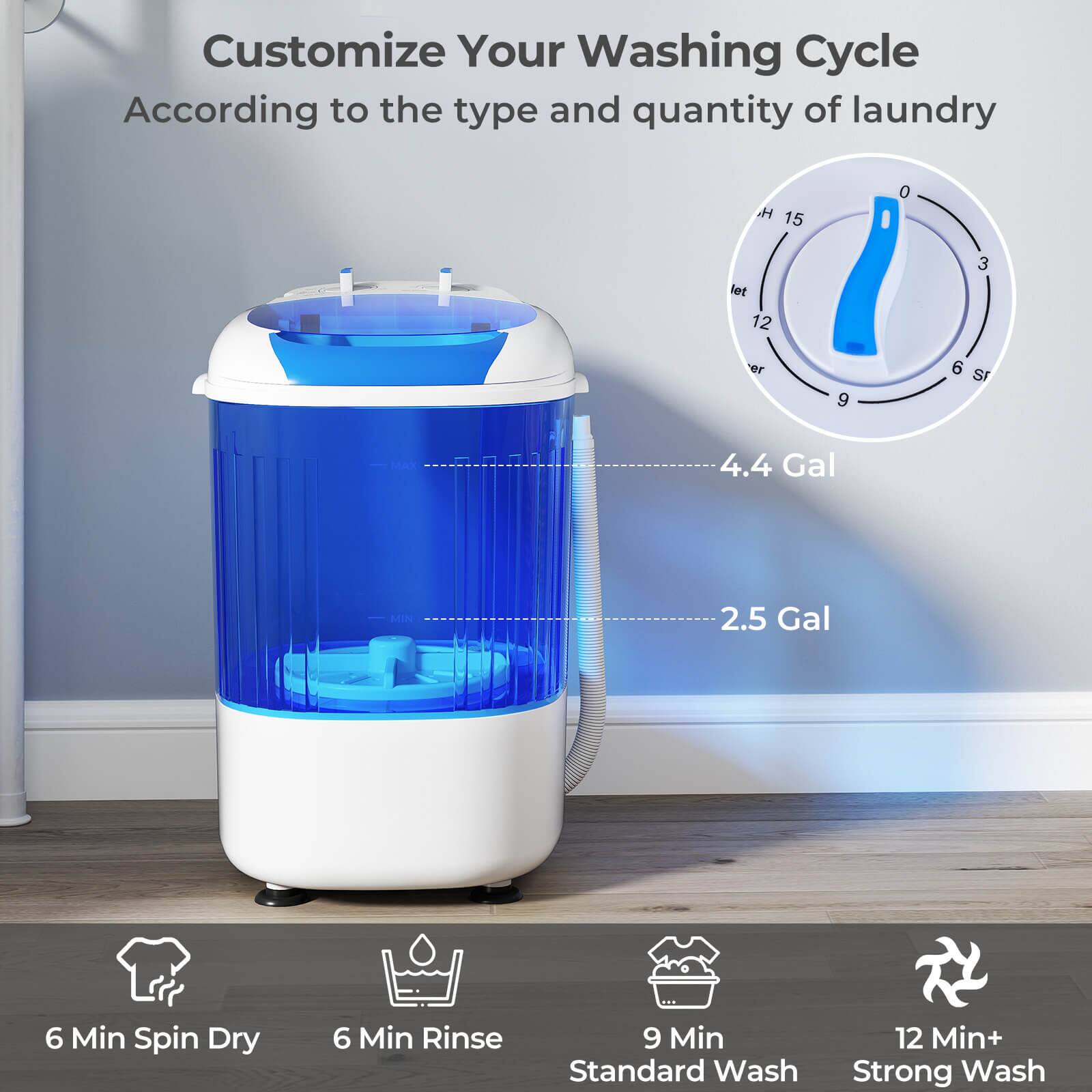 Customize Your Washing Cycle According to the type and quantity of laundry H 15 0 let 12 3 er 9 6 S 4.4 Gal 2.5 Gal 6 Min Spin Dry 6 Min Rinse 9 Min Standard Wash 12 Min+ Strong Wash