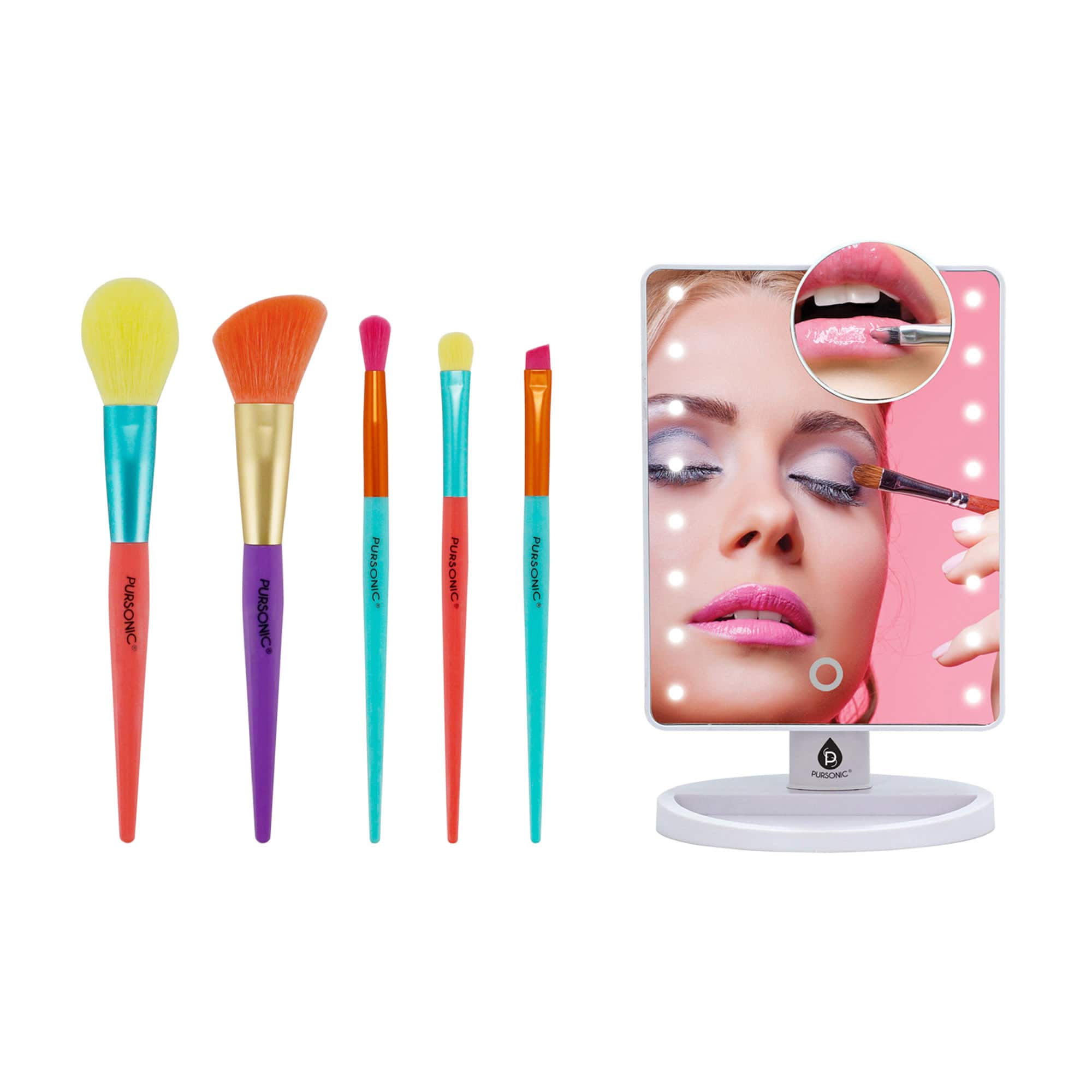 Pursonic - Makeup Essentials Duo – LED Countertop Mirror + 5-Piece Brush Set