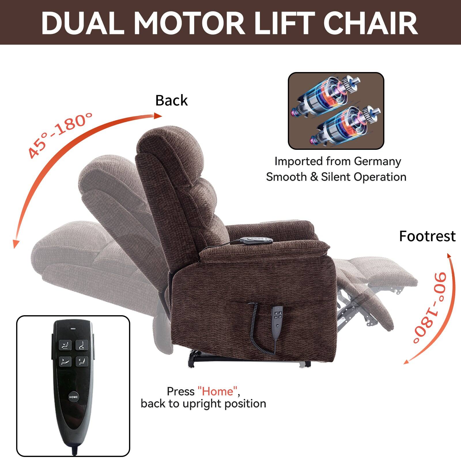 DUAL MOTOR LIFT CHAIR

Back: 45°-180°

Footrest: 0°-90°

Imported from Germany
Smooth & Silent Operation

Press "Home", back to upright position