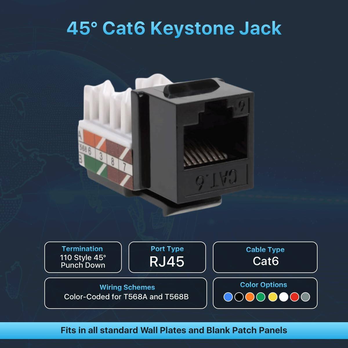 45° Cat6 Keystone Jack

- Termination: 110 Style 45° Punch Down
- Port Type: RJ45
- Cable Type: Cat6
- Wiring Schemes: Color-Coded for T568A and T568B
- Color Options: [Color options available]
- Fits in all standard Wall Plates and Blank Patch Panels