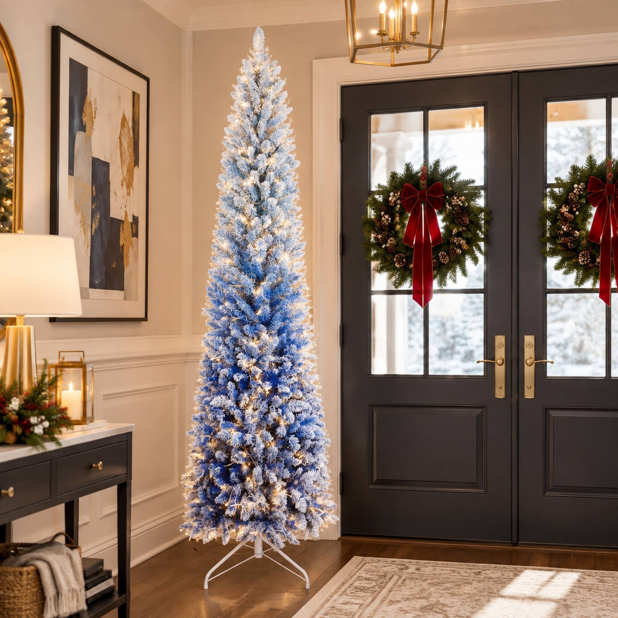 Alt View 2. RYHNUYNE - 7 Ft Blue Gradient Flocked Pencil Christmas Tree With 300 Warm White LED Lights, 725 Tips Hinged Metal Stand Decor - Blue.