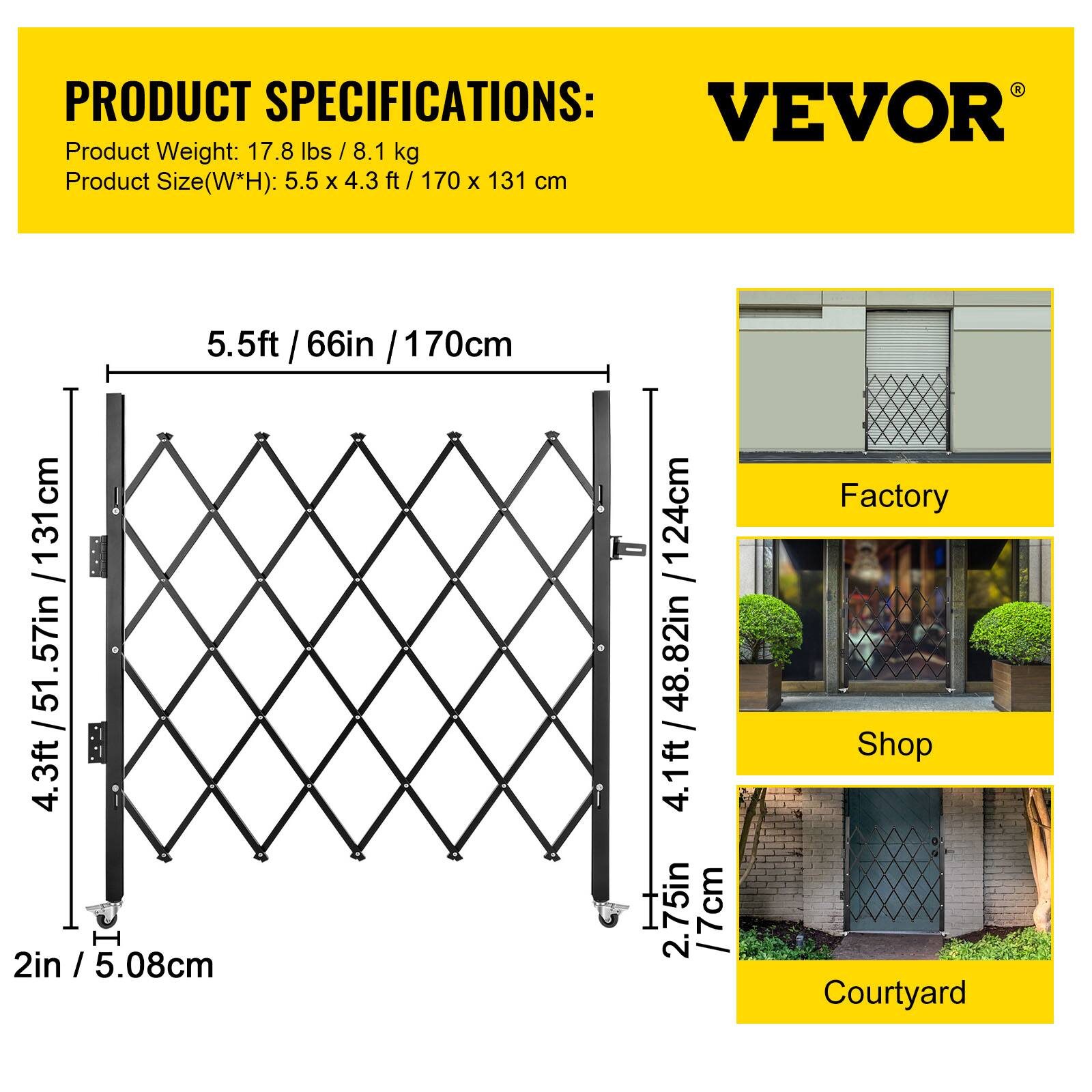 PRODUCT SPECIFICATIONS:

Product Weight: 17.8 lbs / 8.1 kg

Product Size (W*H): 5.5 ft x 4.3 ft / 170 x 131 cm

- 5.5 ft / 66 in / 170 cm
- 4.3 ft / 51.57 in / 131 cm
- 2 in / 5.08 cm
- 24 cm / 82 in
- 4.1 ft / 48.82 in / 124 cm
- 2.75 in / 7 cm

Factory  
Shop  
Courtyard