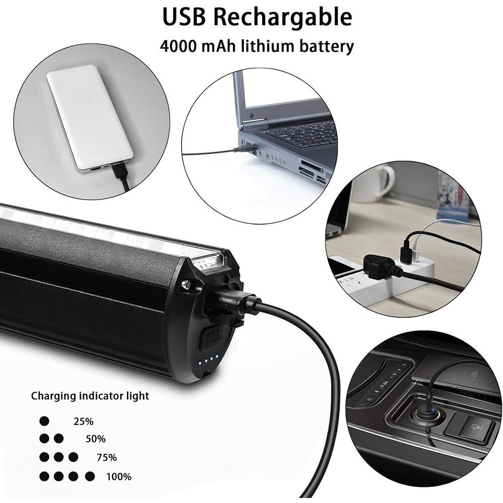 USB Rechargeable  
4000 mAh lithium battery  

Charging indicator light  
• 25%  
• • 50%  
• • • 75%  
• • • • 100%