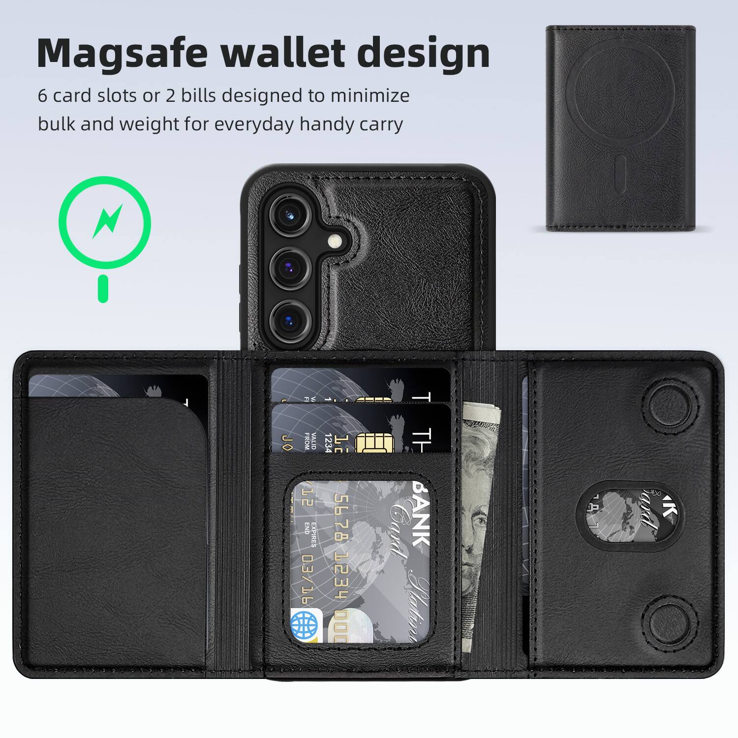Magsafe wallet design  
6 card slots or 2 bills designed to minimize bulk and weight for everyday handy carry  

VALID 12 END PRES 03/16 1234 1E 5678 HEST 000 TH BANK  
Ratina J RT P 5
