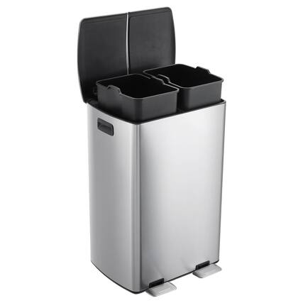 Front. Qeetex - 16 Gallon Dual Compartment Step Trash Can - Stainless Steel Kitchen Garbage Can with Foot Pedal & Removable Bins.