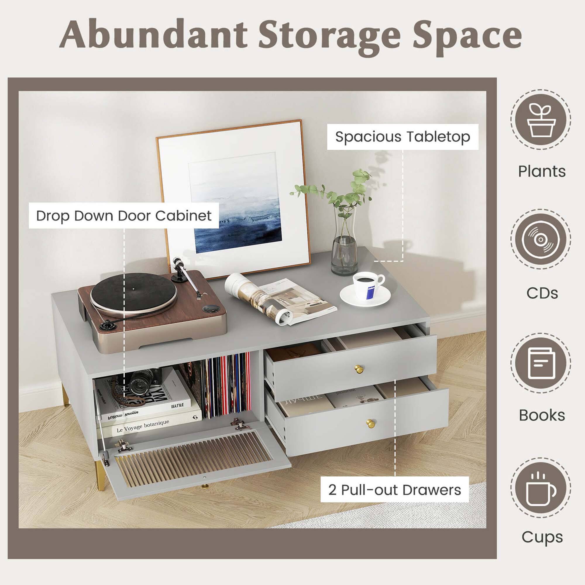 Abundant Storage Space: Spacious Tabletop, Plants, Drop Down Door Cabinet, CDs, Books, 2 Pull-out Drawers, Cups.