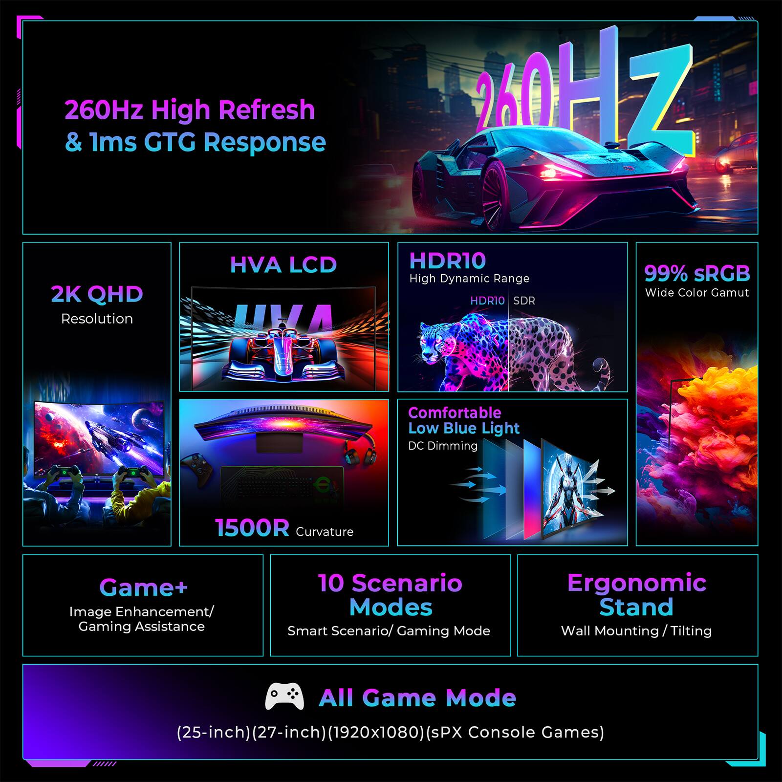 260Hz High Refresh & 1ms GTG Response

2K QHD Resolution

HVA LCD

HDR10 High Dynamic Range

99% sRGB Wide Color Gamut

Comfortable Low Blue Light DC Dimming

1500R Curvature

Game+ Image Enhancement/ Gaming Assistance

10 Scenario Modes Smart Scenario/ Gaming Mode

Ergonomic Stand Wall Mounting/ Tilting

All Game Mode (25-inch) (27-inch) (1920x1080) (sPX Console Games)