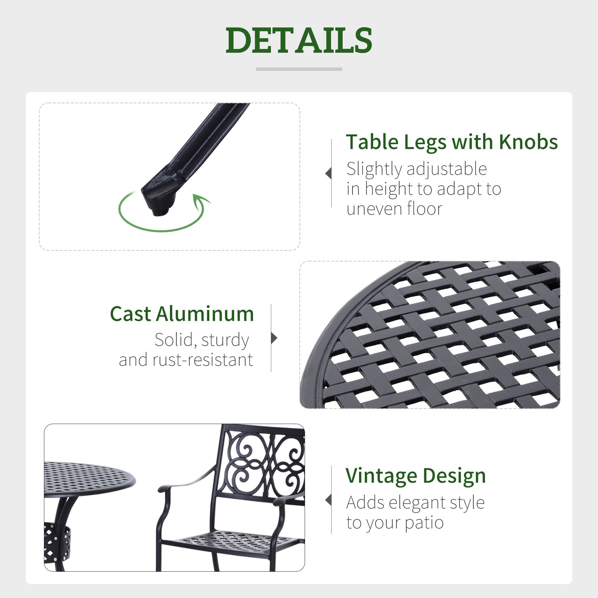 DETAILS

- Table Legs with Knobs
  - Slightly adjustable in height to adapt to uneven floor

- Cast Aluminum
  - Solid, sturdy and rust-resistant

- Vintage Design
  - Adds elegant style to your patio
