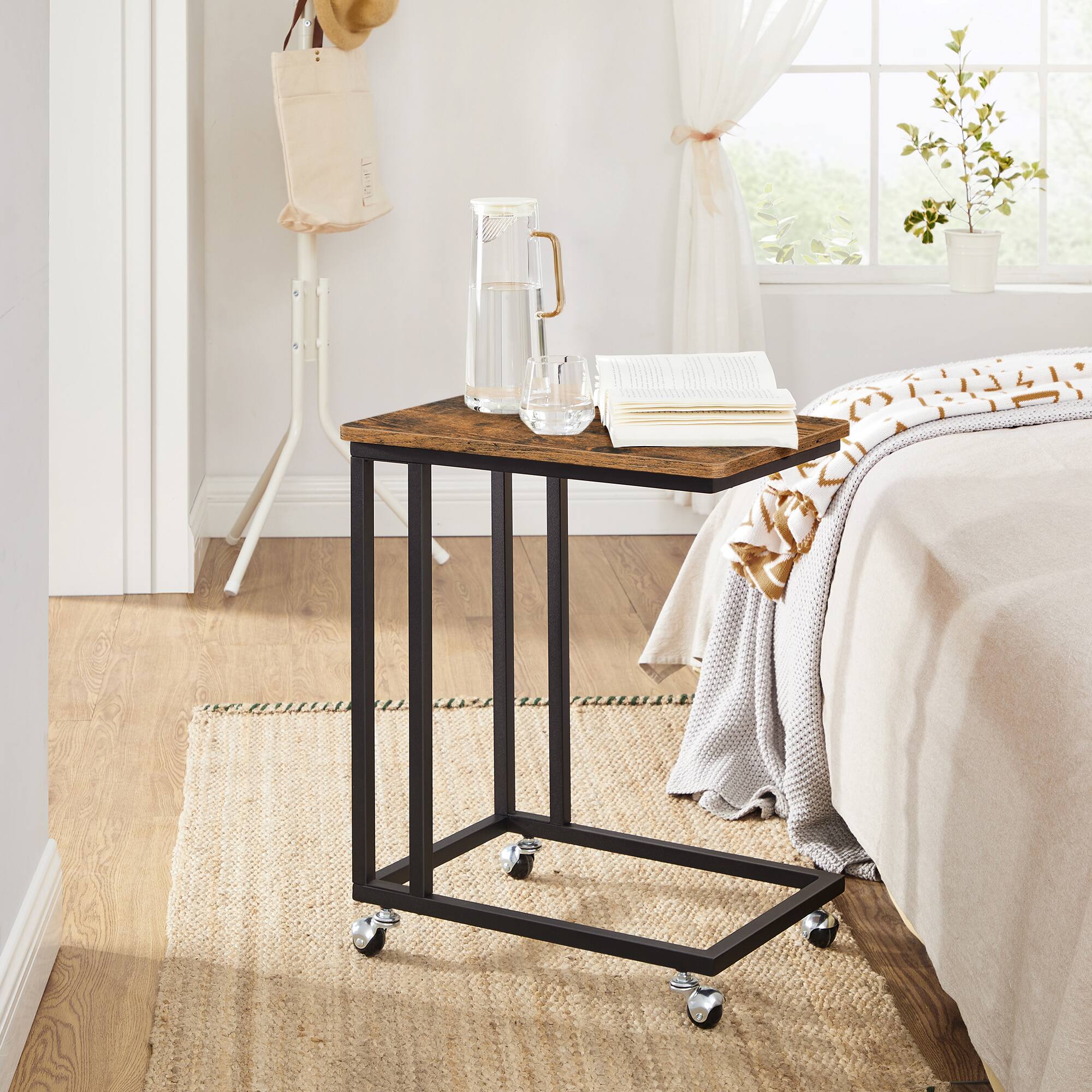 Left. Songmics Home - End Table, Side Table, Coffee Table, with Steel Frame and Castors, Easy Assembly,for Living room, Bedroom, Balcony - Rustic Brown and Black.