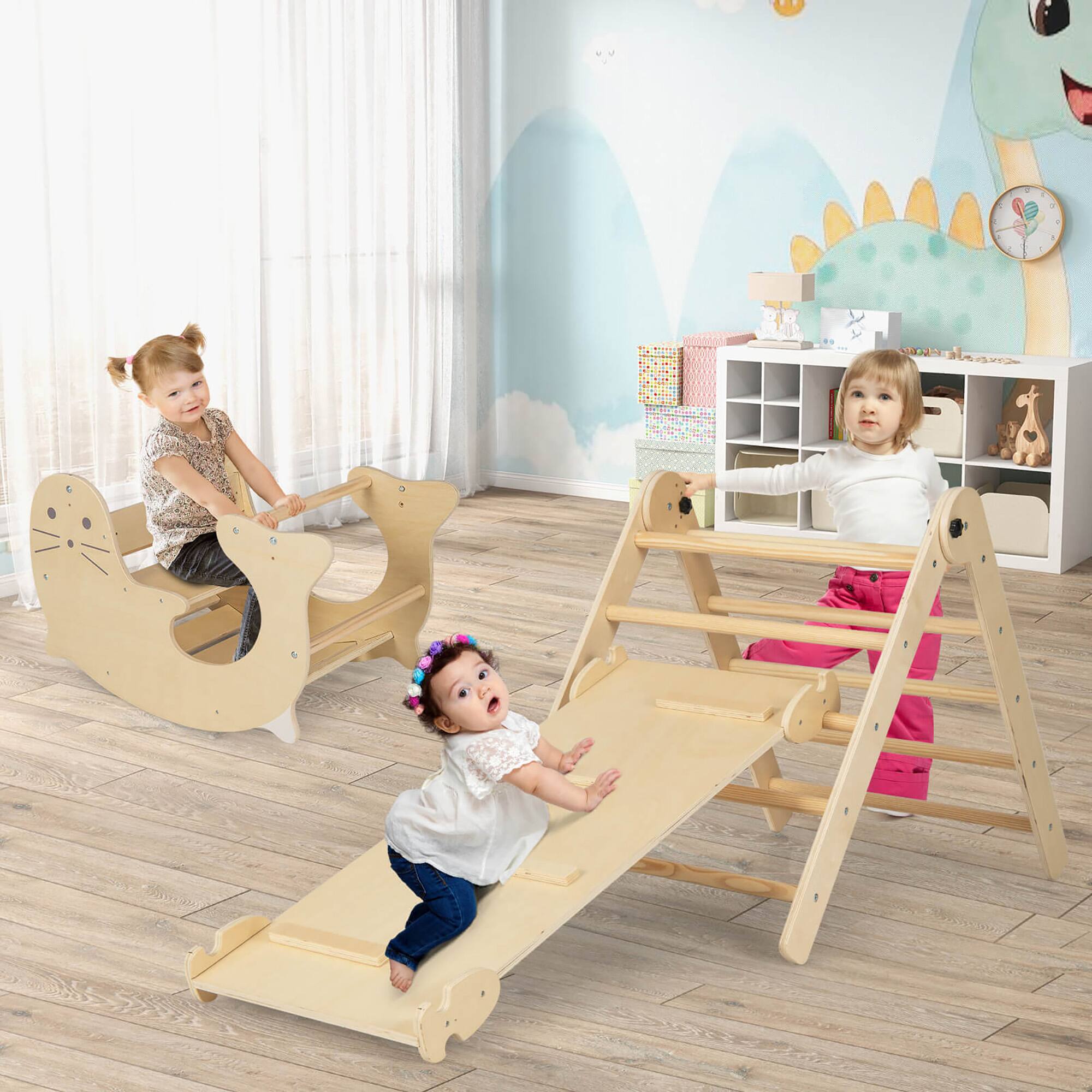 Alt View 3. Gymax - Gymax 7-in-1 Indoor Climbing Toys for Toddlers w/ Reversible Ramp Sea Lion Rocker - Natural.