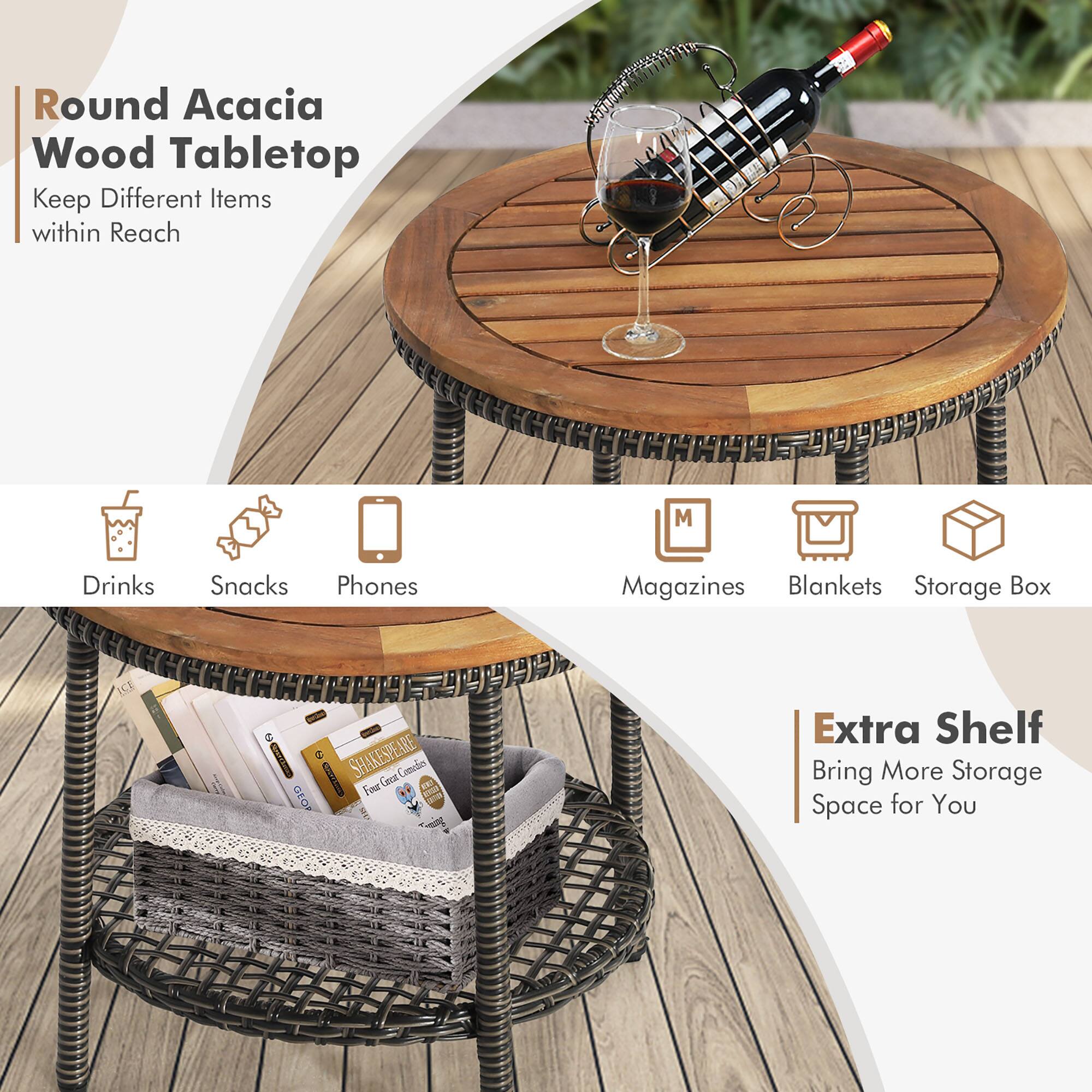 Round Acacia Wood Tabletop  
Keep Different Items within Reach  

Drinks  
Snacks  
Phones  
Magazines  
Blankets  
Storage Box  

Extra Shelf  
Bring More Storage Space for You