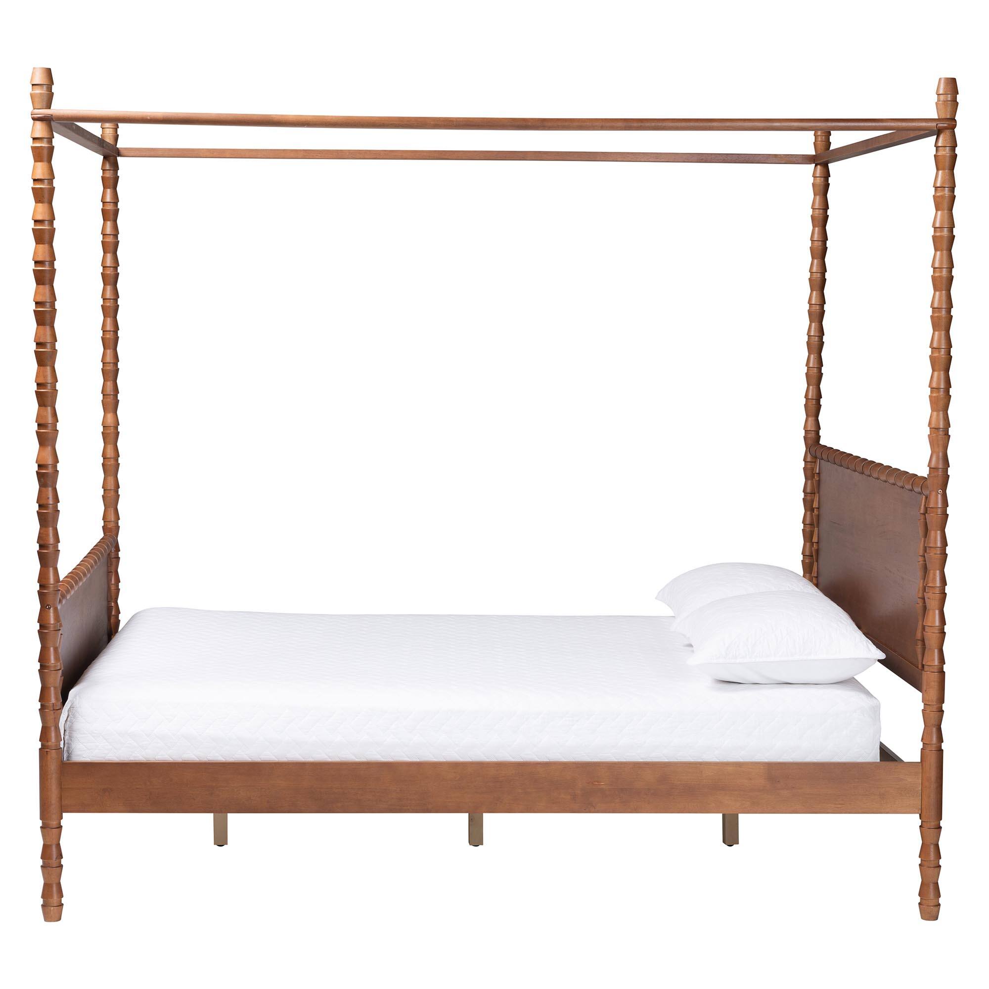 Angle. Baxton Studio - Danette Bobbin Wood Canopy Bed, Queen - Walnut Brown.