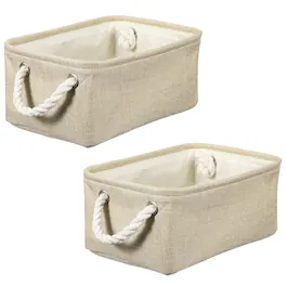 Unique Bargains - 2pcs Fabric Storage Bins, 12x8.3x5 Inch Foldable Cubes with Rope Handles for Home Office Shelves Closet - Khaki