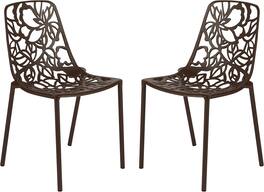 LeisureMod - Devon (Set of 2) Aluminum Outdoor Dining Chair, UV Resistant & Stackable Floral Design Accent Chair - Fully Assembled - Brown