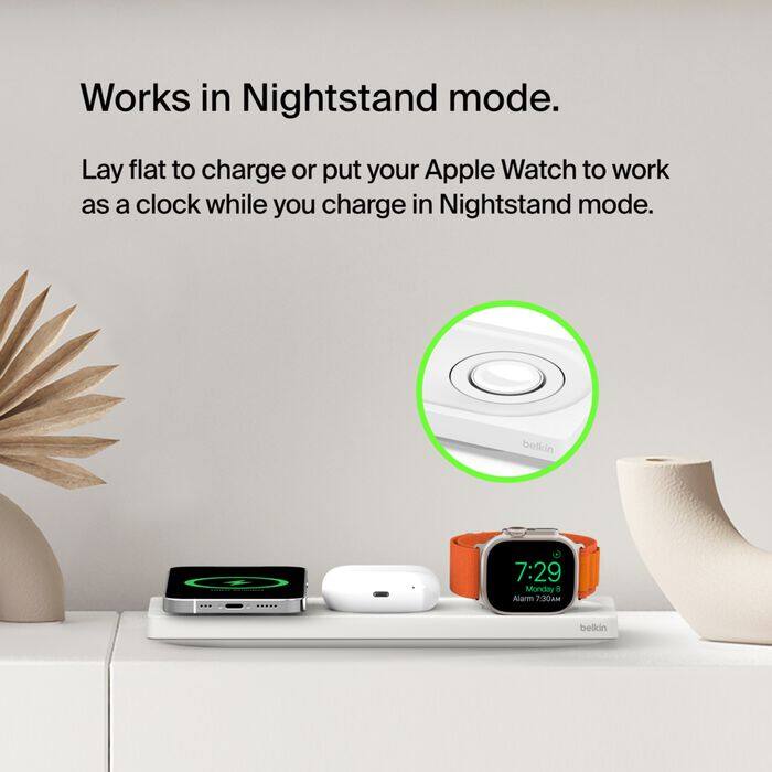 Works in Nightstand mode.  
Lay flat to charge or put your Apple Watch to work as a clock while you charge in Nightstand mode.  

7:29  
Monday  
Alarm 7:30AM  

belkin