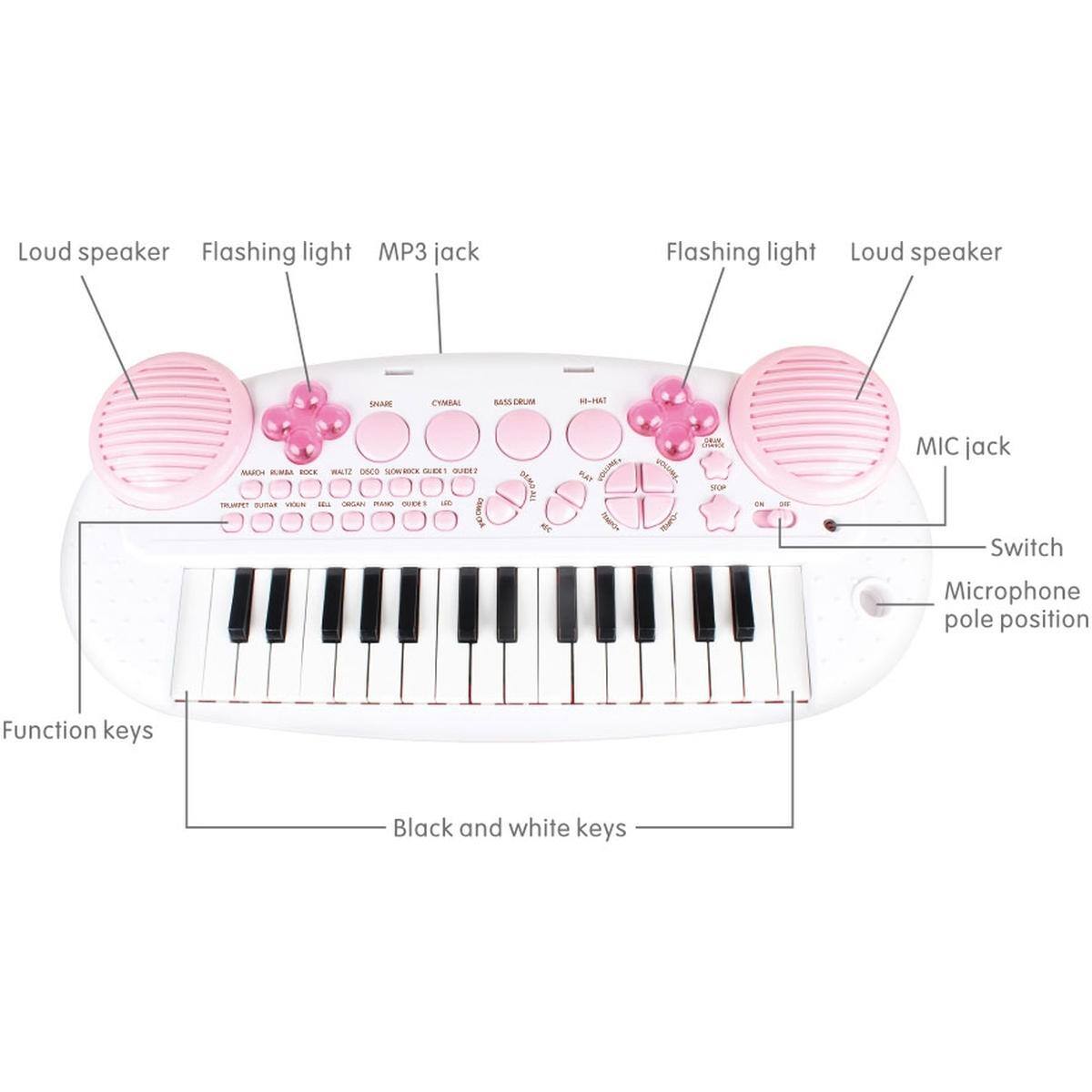 Loud speaker  
Flashing light  
MP3 jack  
Flashing light  
Loud speaker  
MIC jack  
Switch  
Microphone pole position  
Function keys  
Black and white keys