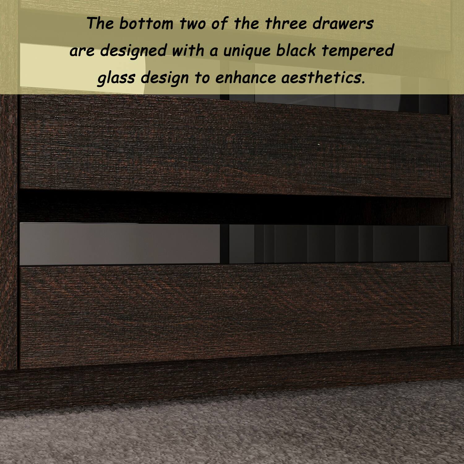 The bottom two of the three drawers are designed with a unique black tempered glass design to enhance aesthetics.
