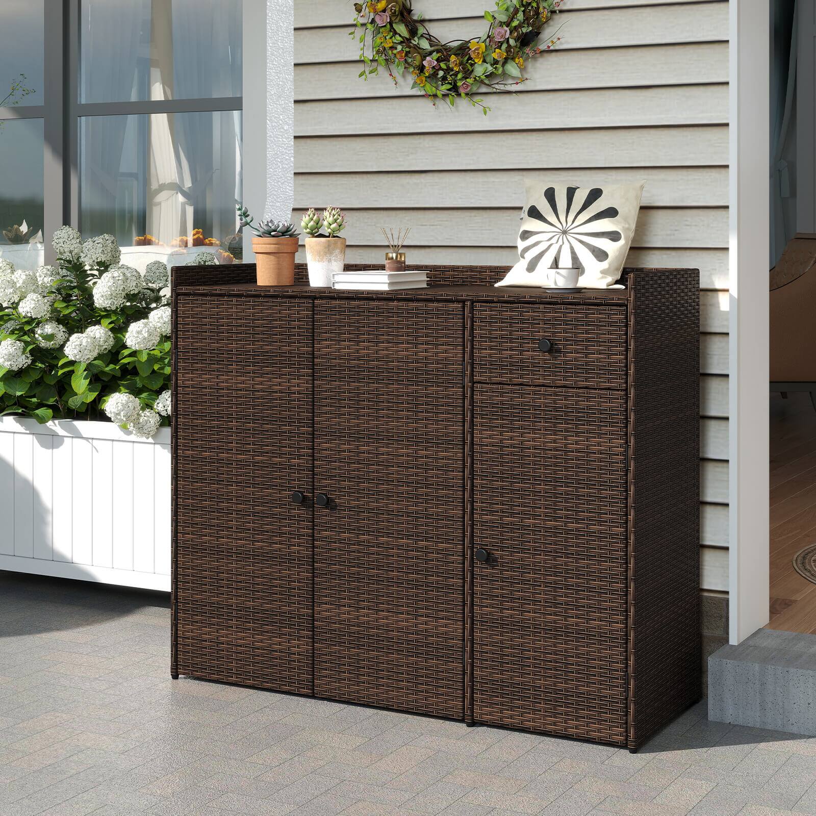 Alt View 4. Costway - Costway Outdoor PE Wicker Storage Cabinet with 3 Doors Adjustable Shelves and Drawer - Brown.