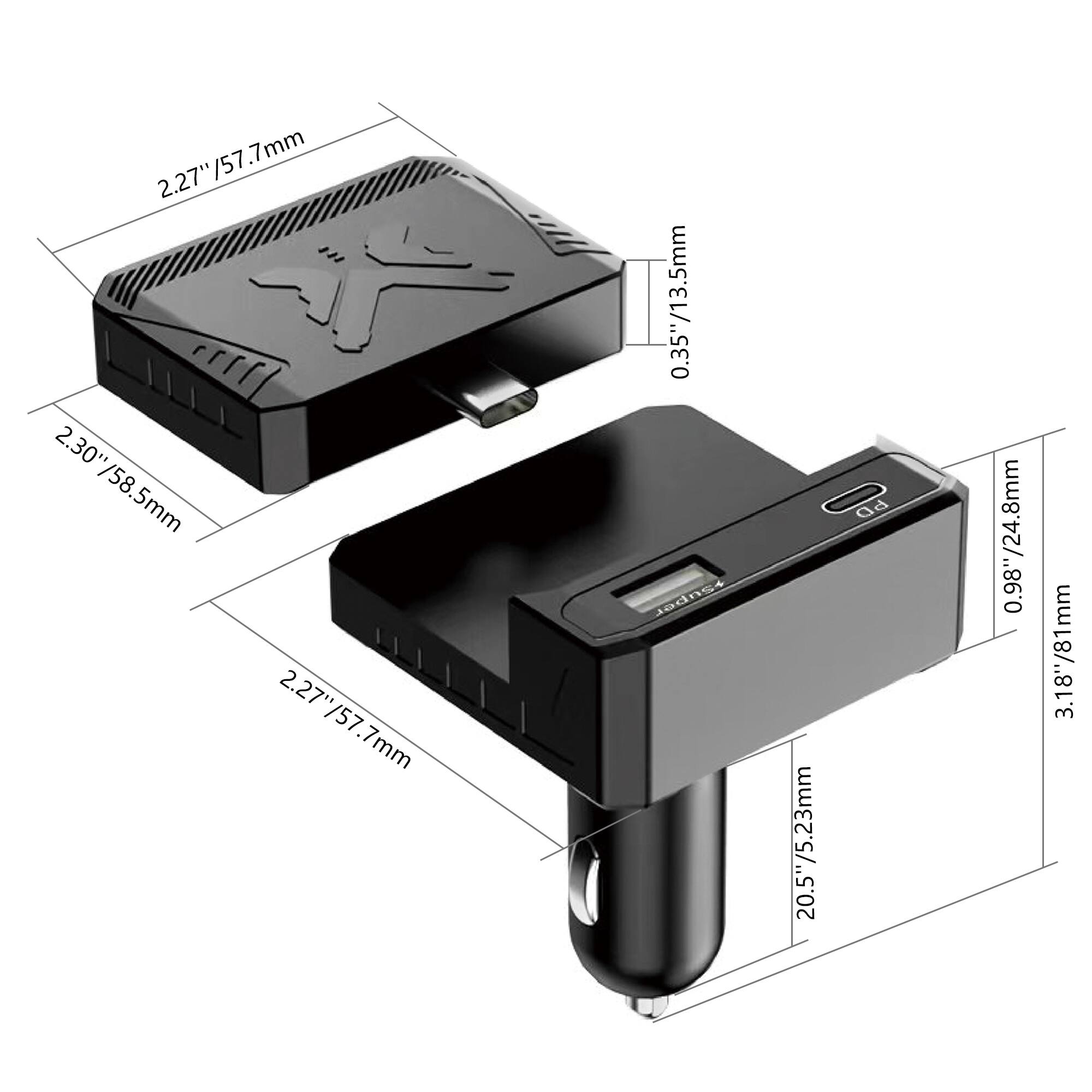 2.27"/57.7mm  
2.30"/58.5mm  
0.35"/13.5mm  
20.5"/5.23mm  
0.98"/24.8mm  
3.18"/81mm