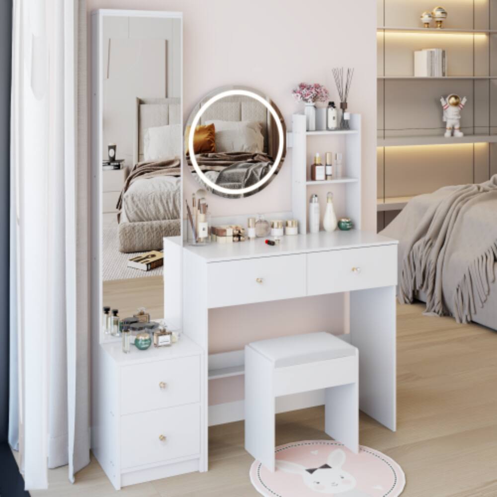 Left. LUCKY ONE - 17in Round LED Mirror Vanity Set with Full Body Mirror Cabinet, Multi-Layer Storage and Stool - White.