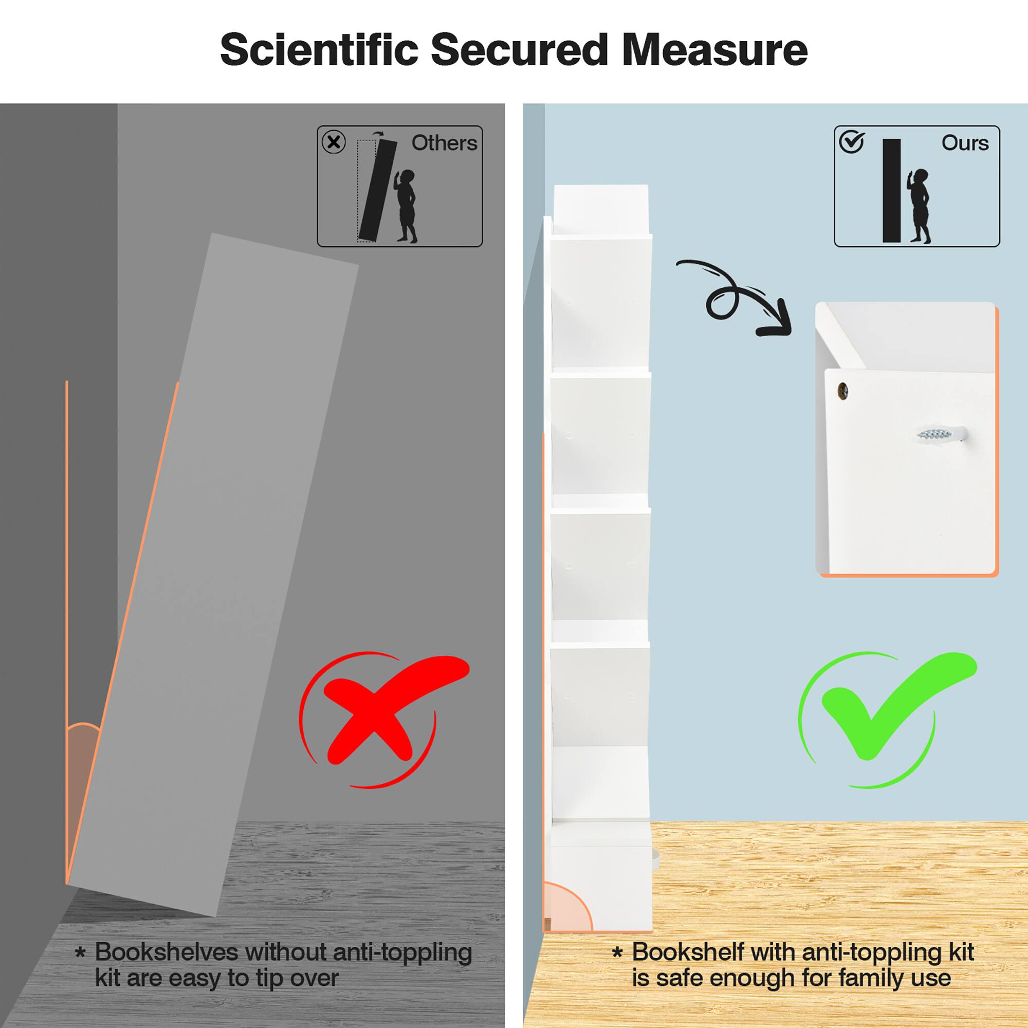 Scientific Secured Measure

Others
* Bookshelves without anti-toppling kit are easy to tip over

Ours
* Bookshelf with anti-toppling kit is safe enough for family use