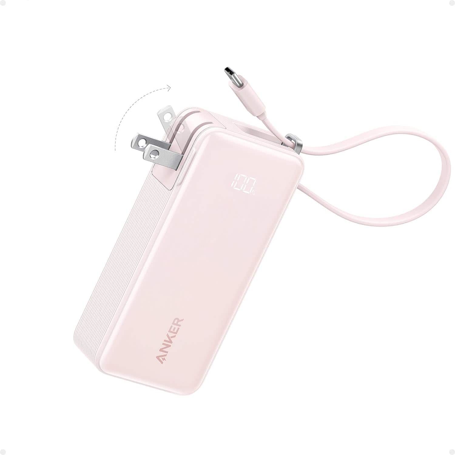 Anker - Nano 3-in-1 10,000mAh Power Bank with Built-in USB-C Cable and Foldable Wall Plug, 30W Max Battery Pack - Pink