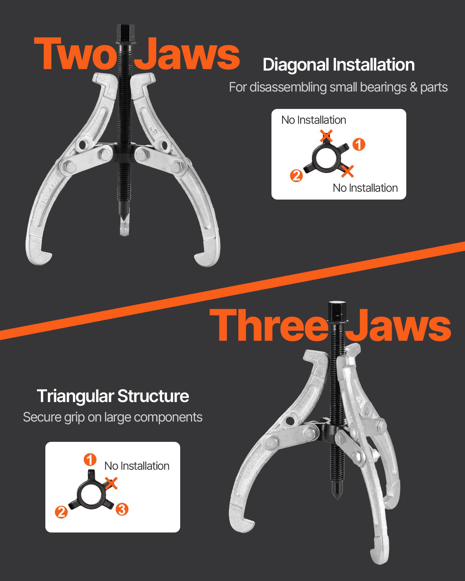 Two Jaws  
Diagonal Installation  
For disassembling small bearings & parts  
No Installation X 1  
No Installation X 2  

Three Jaws  
Triangular Structure  
Secure grip on large components  
No Installation X 1  
No Installation X 2  
No Installation X 3