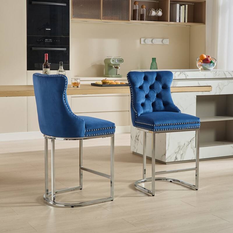 Alt View 4. HTUTWOO - 25" Counter Height Bar Stools Set of 2, Velvet Upholstered with Button Back & Rivet Trim, for Kitchen Island & Home Bar - Blue.