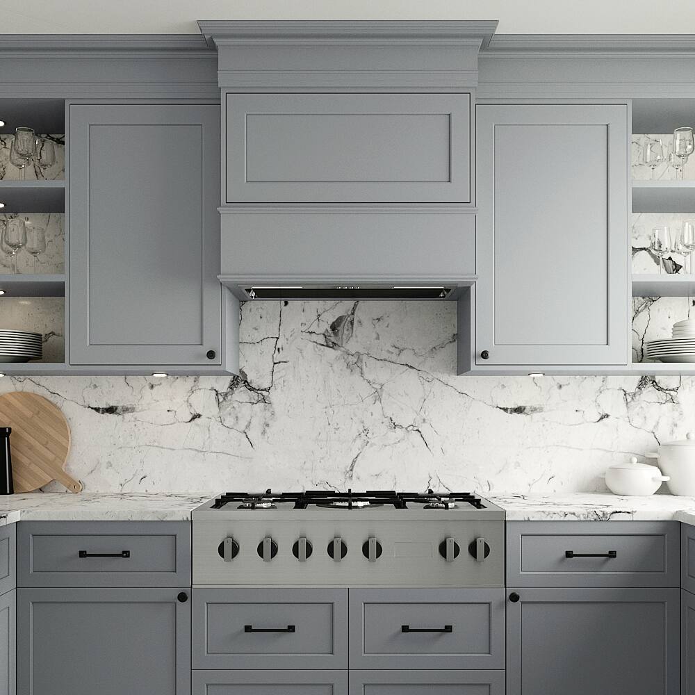 Left. Streamline - 28 in. Buccheri Ducted Insert 350 CFM Range Hood, Mesh Filters, Electronic Button Control, LED Lights - Glossy Black.