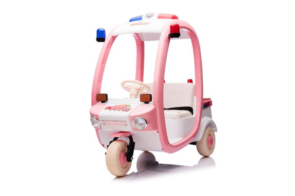 BreeBe - 12V Electric 3-Wheel Kids Police Car, 2-Seater Ride On Toy with Lights, Music, Bluetooth, Walkie Talkie - Pink