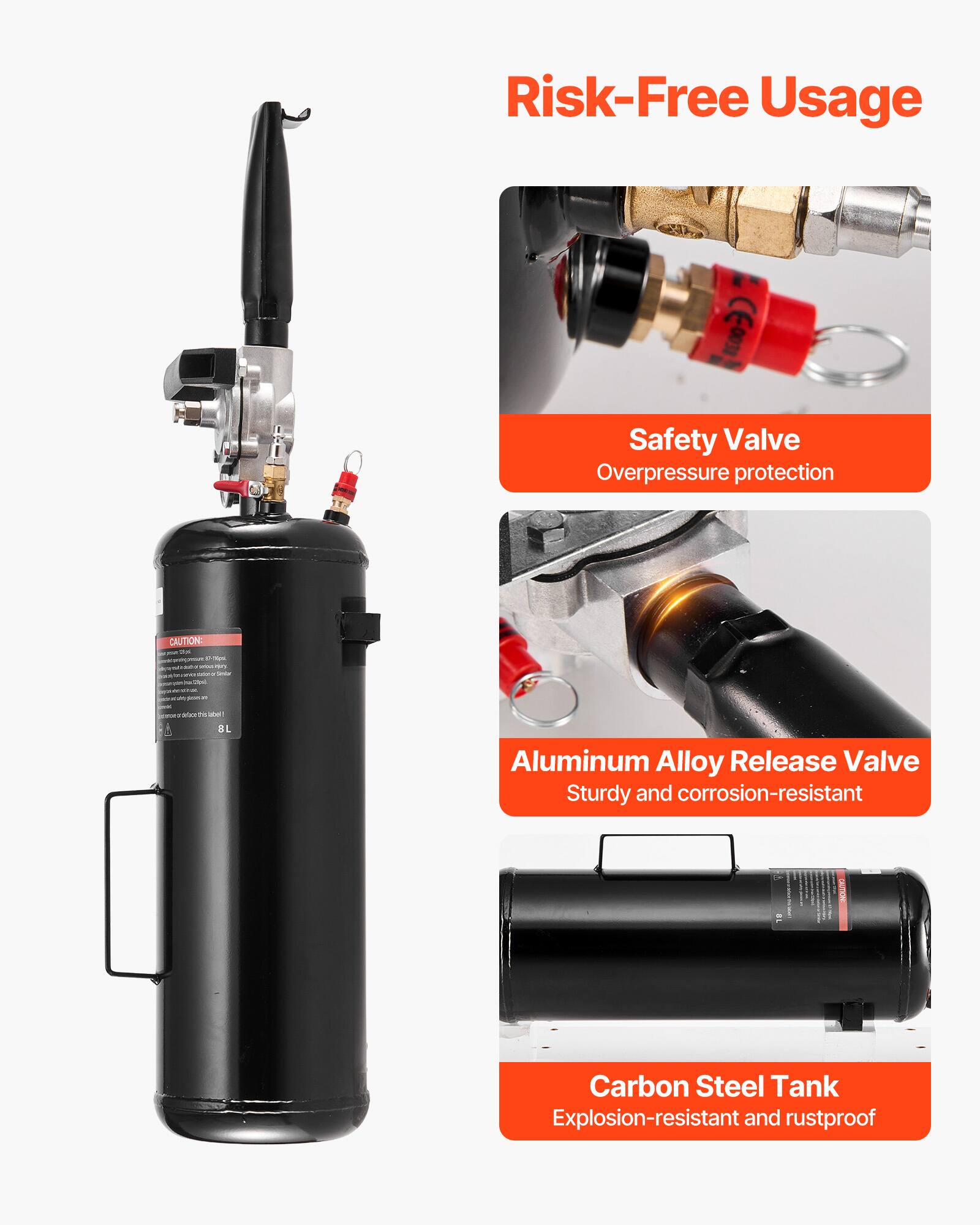 Risk-Free Usage

Safety Valve
Overpressure protection

Aluminum Alloy Release Valve
Sturdy and corrosion-resistant

Carbon Steel Tank
Explosion-resistant and rustproof