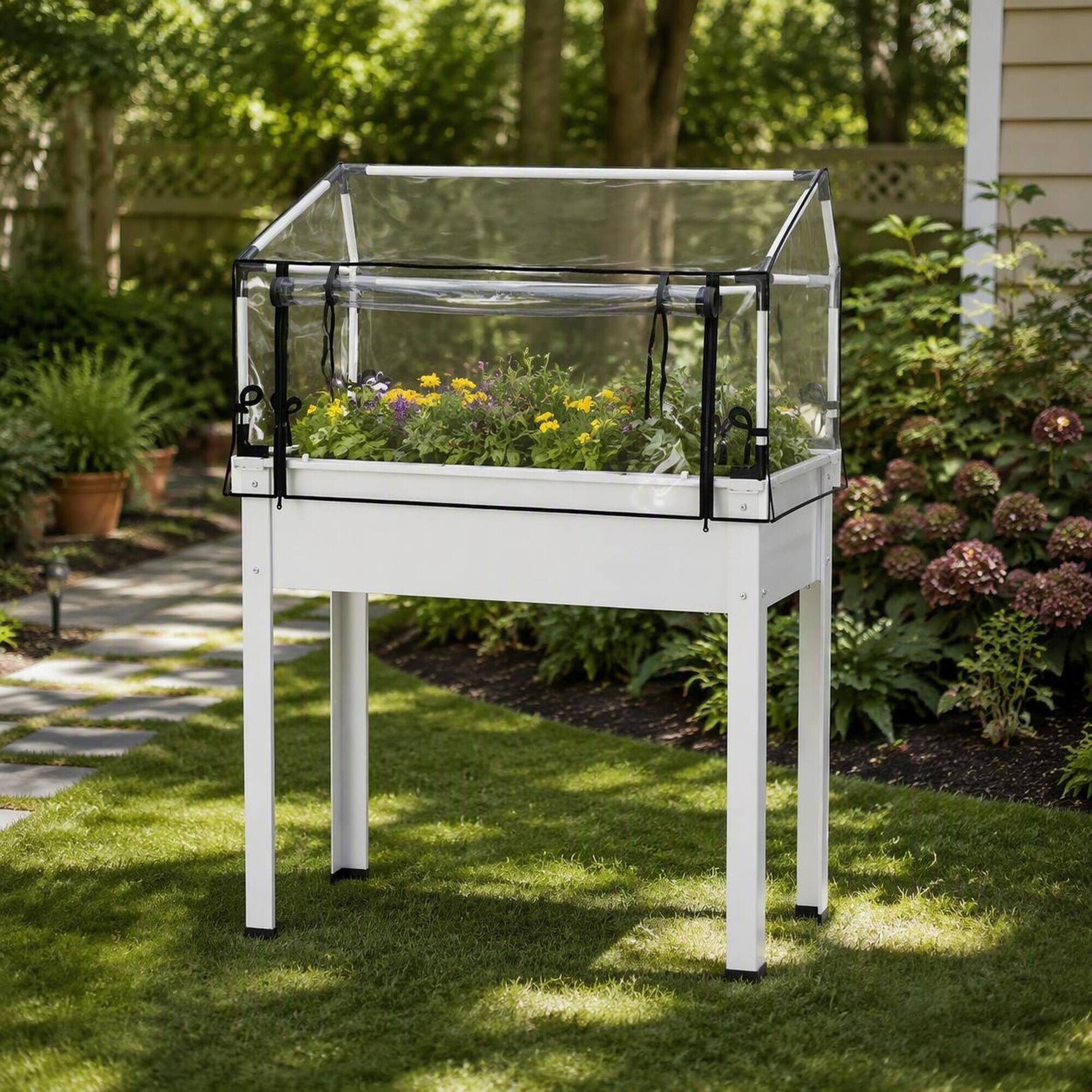 Alt View 2. RYHNUYNE - Raised Garden Bed with Greenhouse Cover, Elevated Tall Planter Box, White Powder-Coated Metal Frame - White.
